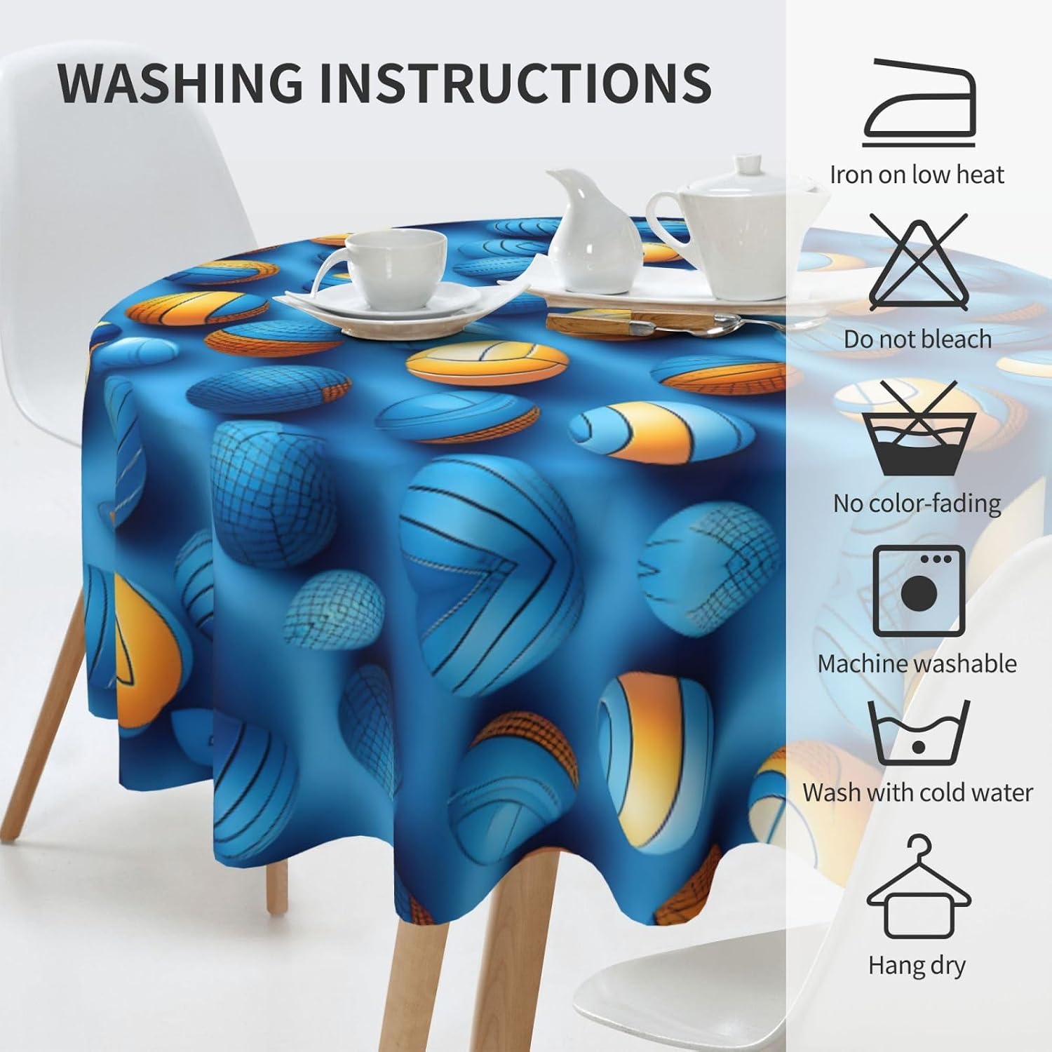 60 Inch Blue Volleyball Print Round Tablecloth,Decorative Table Cover for Weddings, Mothers Day, Outdoor BBQ