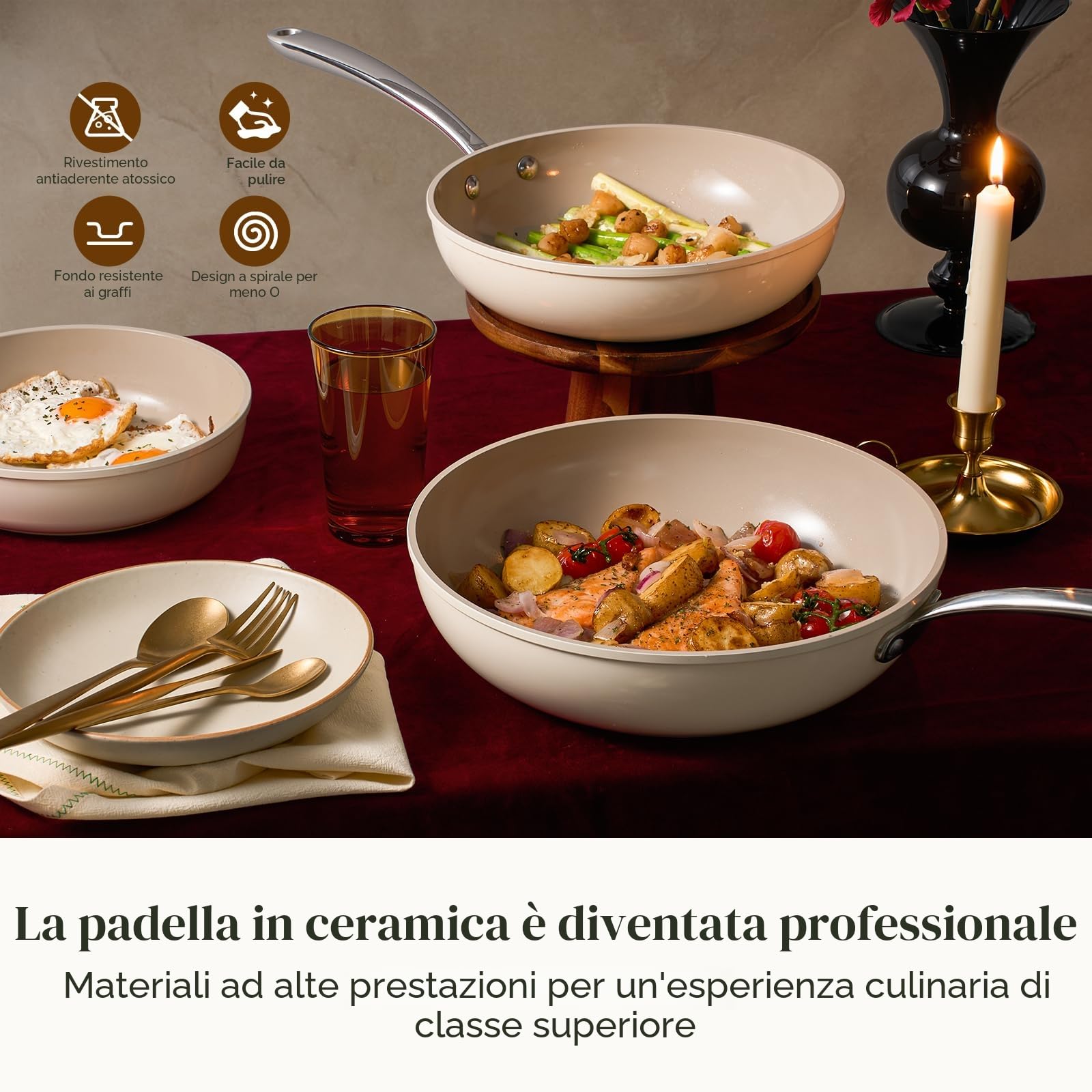 Redchef Padella in ceramica antiaderente da 24 cm, padella da 24 cm, rivestita in ceramica per tutti i piani cottura, senza PTFE, senza PFAS, senza PFOA, adatta a induzione, adatta al forno, lavabile