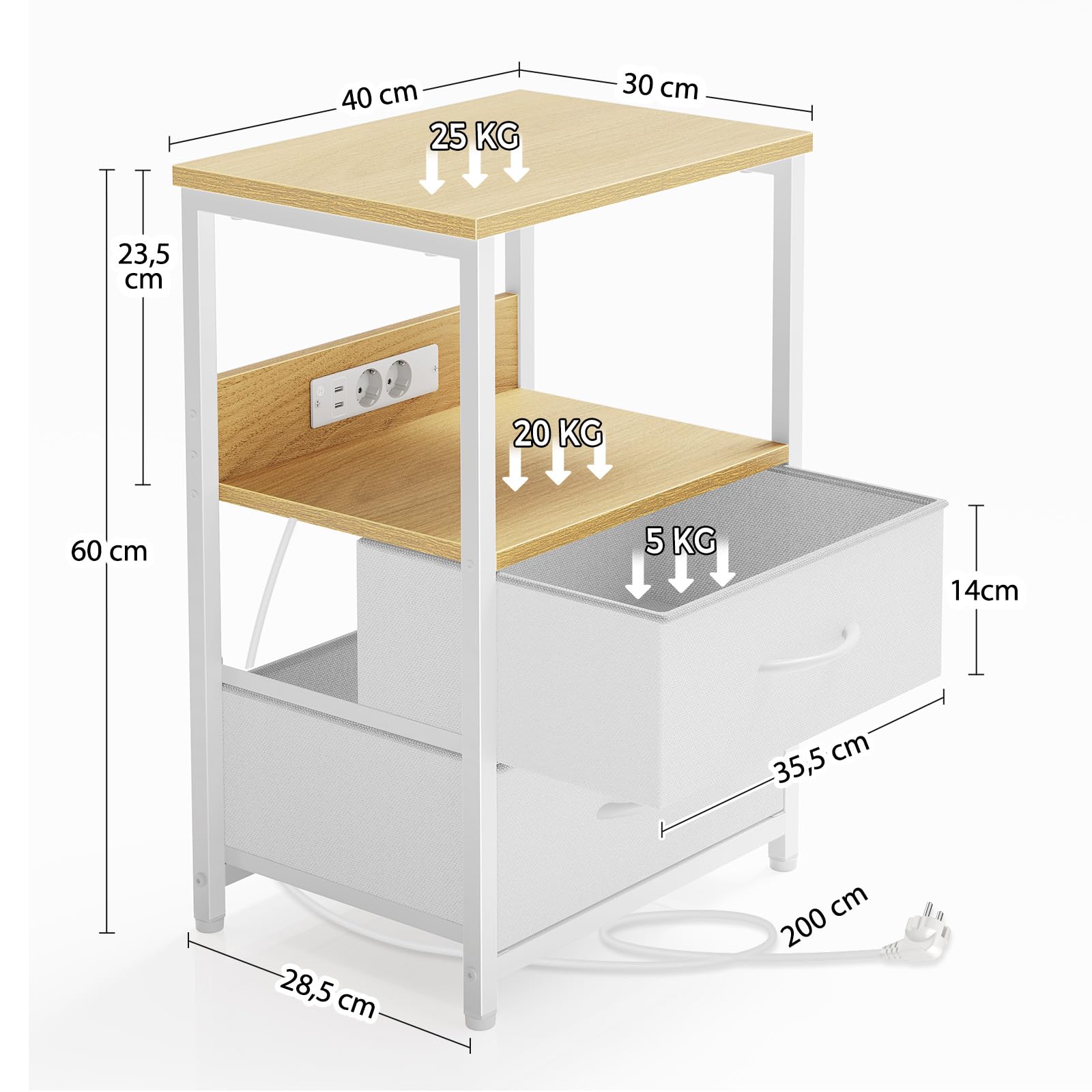 Seventable Table de Chevet avec Prise USB et 2 tiroirs - Table de Nuit connectée avec éclairage LED pour Chambre à Coucher, Salon ou canapé (Chêne Clair, Lot de 2)