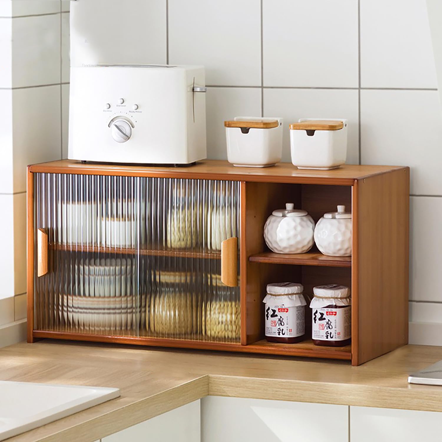 Xcloozgl Walnut Bamboo Countertop Cabinet With Sliding Glass Doors-Adjustable Shelves,Kitchen Storage Organizer Small Freestanding Storage Cabinet For Pantry,Spices,Bread Box,,67 * 28 * 34Cm