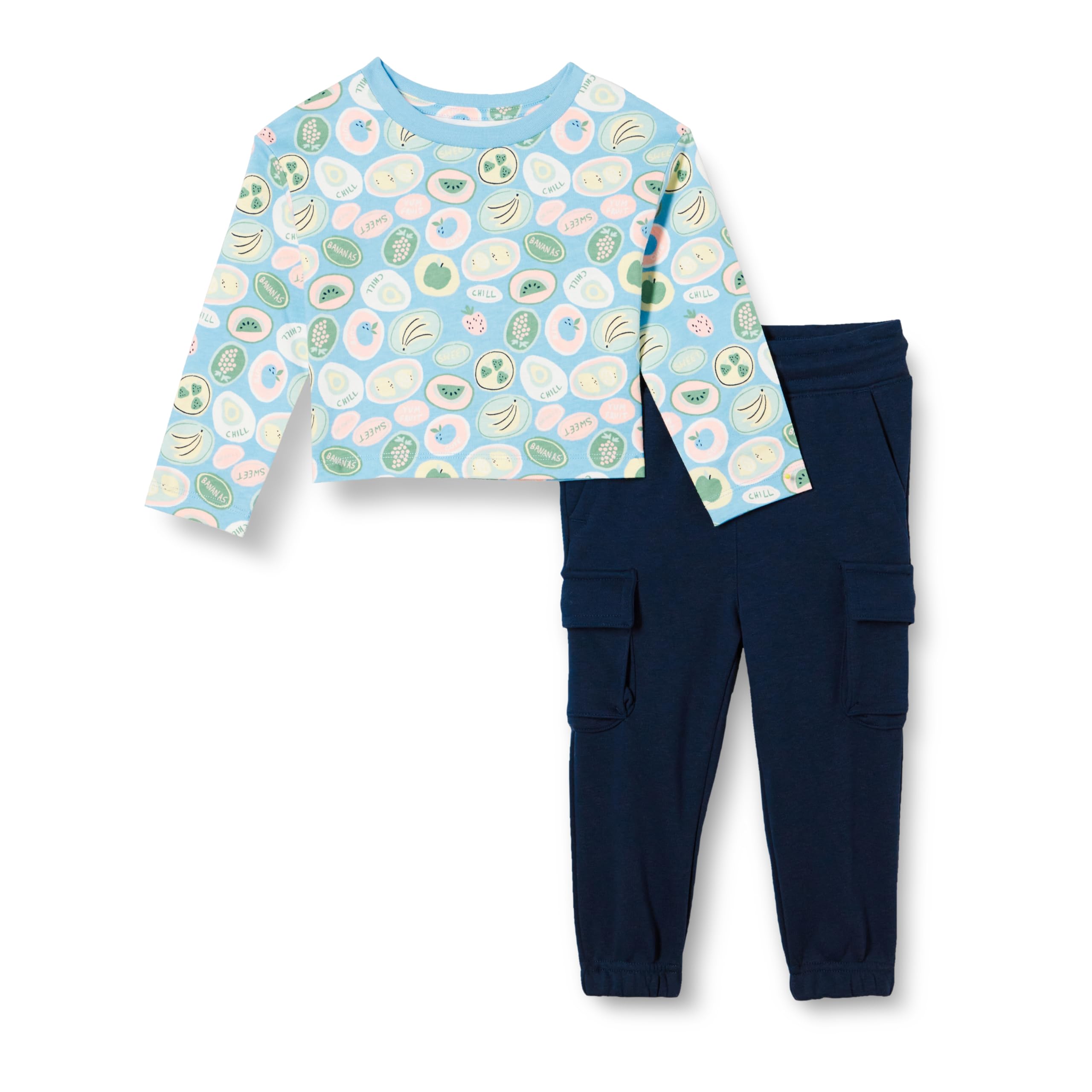 Amazon Essentials Girls' Long Sleeve T-Shirt and Pull on Pants Set, Navy/Fruit, X-Small