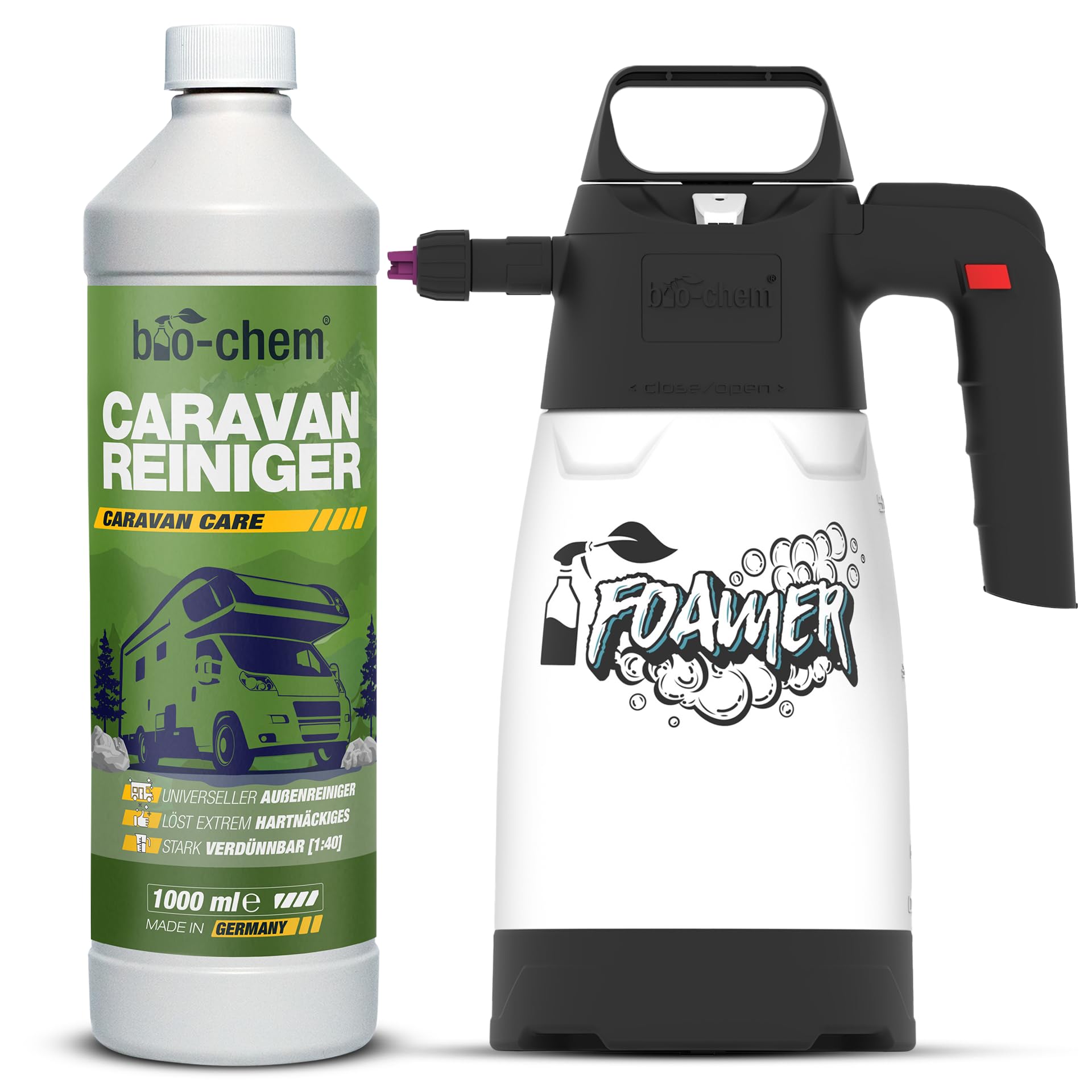 bio-chem Środek do czyszczenia przyczep kempingowych i przyczep kempingowych, bardzo mocny koncentrat, 1000 ml + rozpylacz piany, środek czyszczący do przyczep kempingowych, przystawek namiotowych,