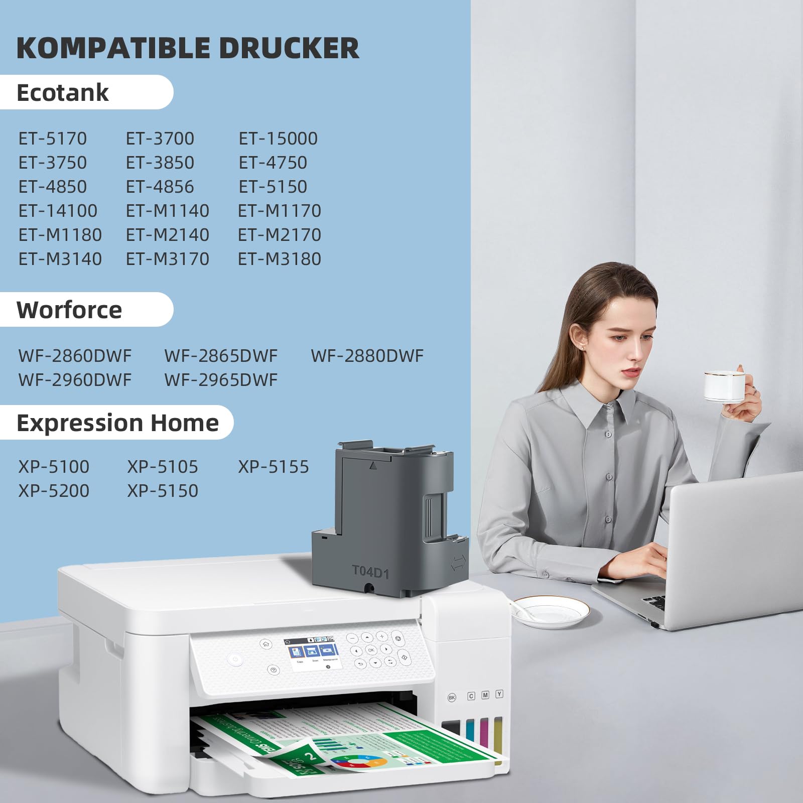 T04D1/T04D100 - Caja de mantenimiento compatible con impresoras Epson ET-4750 ET-4850 ET-3750 ET-15000 ET-3700 ET-4856 ET-5150 ET-5170, caja de mantenimiento T04D1/T04D100 CT 13T04 D100 -
