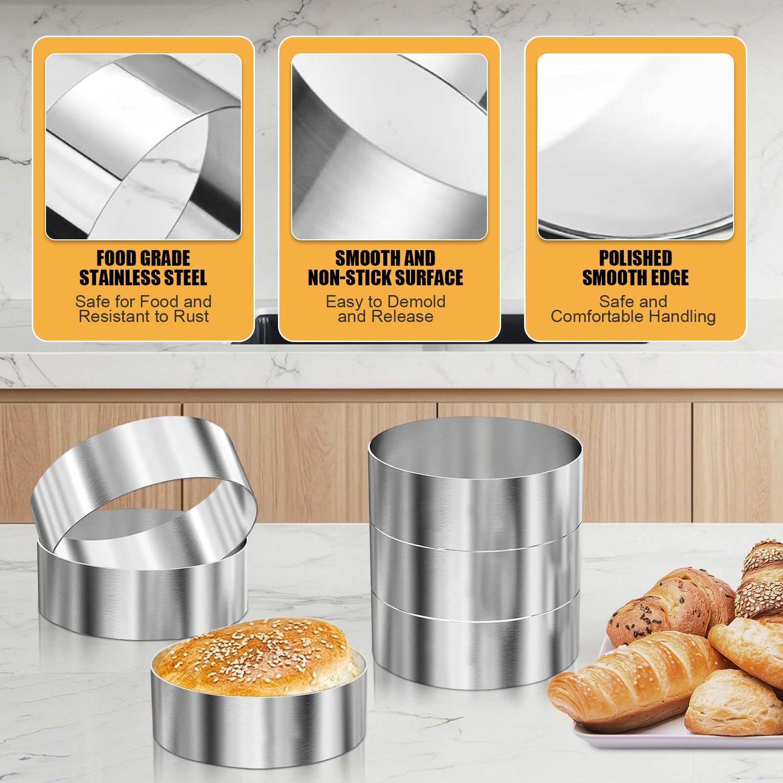 6 anelli per hamburger Ø 10 cm – 10 x 4 x 0,1 cm in acciaio inox, anelli da dessert e set di anelli per cuocere, cucinare, dessert, mousse, dolci, mini torte, muffin
