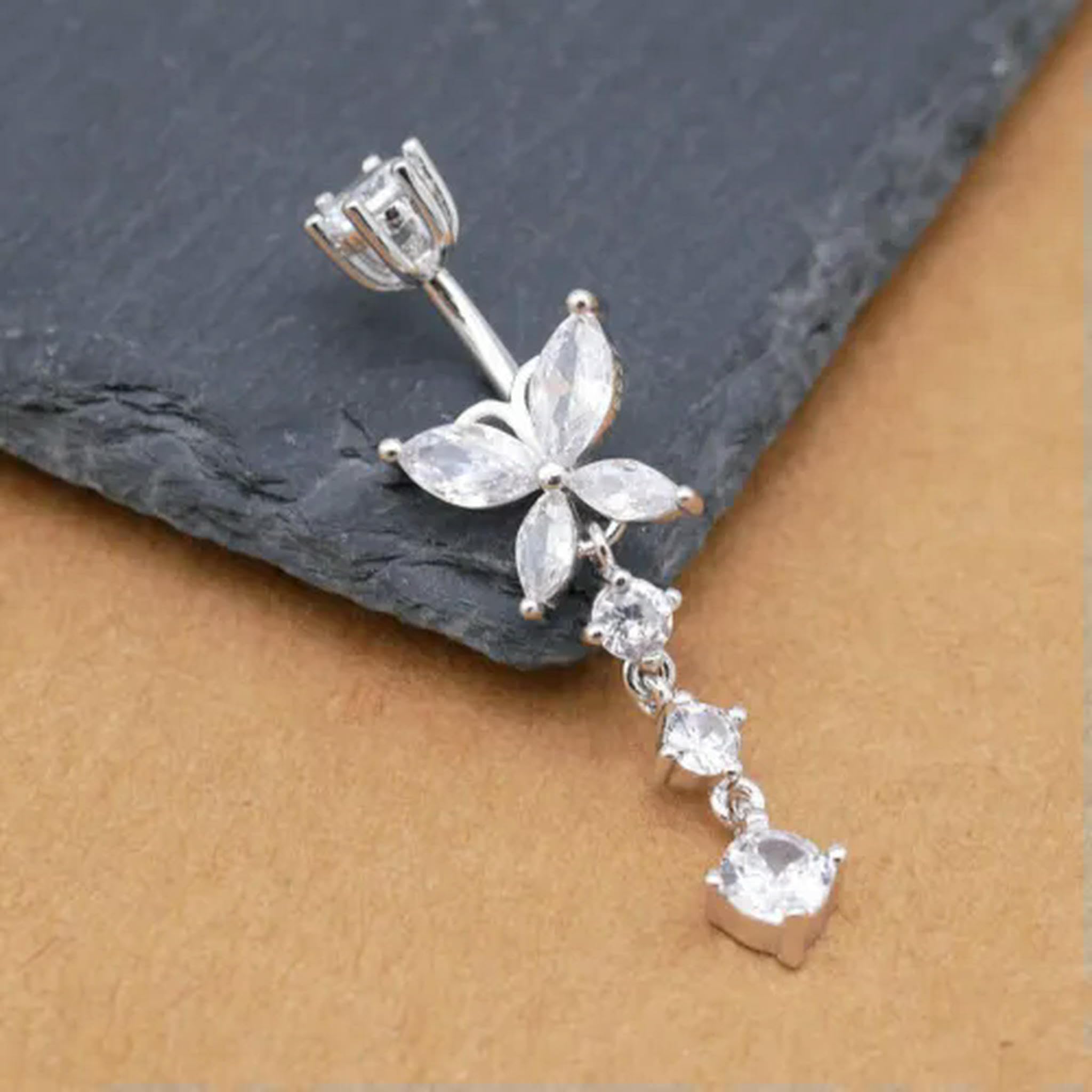 Piercing all'ombelico con Farfalla in Argento Sterling e zirconi cubici, a Forma di Barra, A4308-10 mm