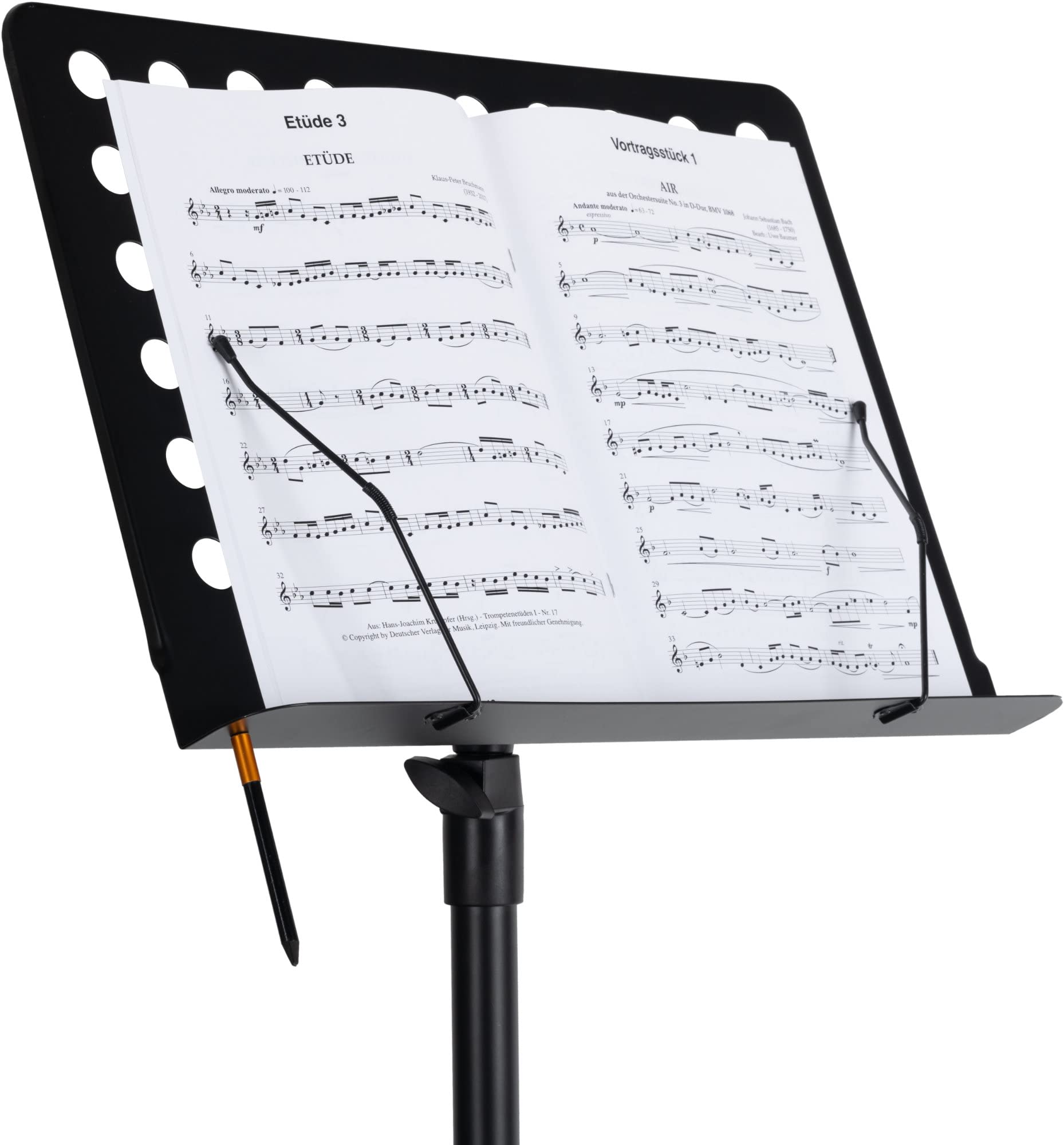 Pronomic OS-01P Orchesterpult Lochblech Ständer (Notenständer mit Notenklemmen, Abnehmbare Ablage, 2 Federklemmen, ausziehbar von 69 cm bis 115 cm) schwarz