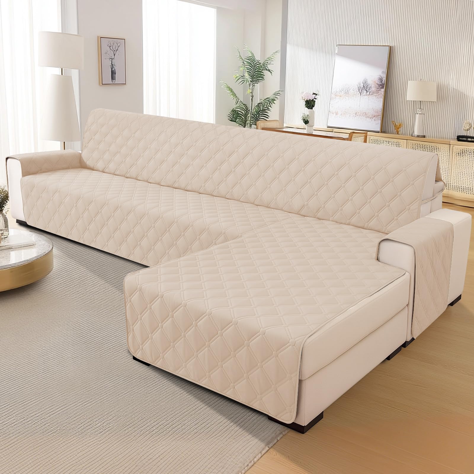 Ystyle Imperméable Housse Canape d'angle 2 Places avec Accoudoirs, Antidérapant Couverture Canapé Angle en Forme de L(210cm), Universel Réversible, Anti Poils Animaux Protecteur, Beige
