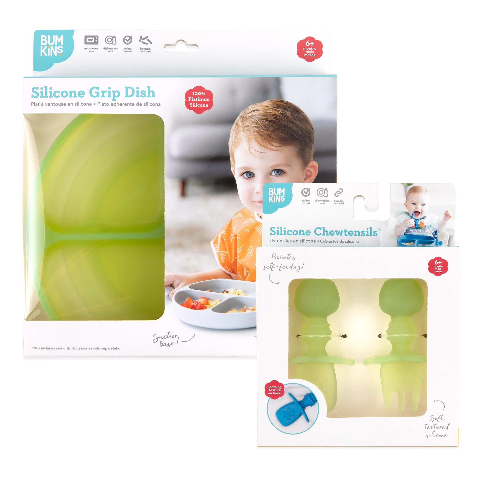 Bumkins Silicone Grip Dish 3-Section & Silicone Training Chewtensils, Jelly Green