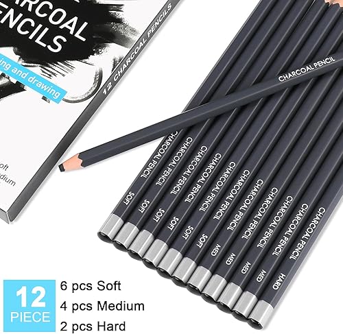 Miniatura 2 de Sunshilor Juego de 12 lápices de carbón profesionales, 12 lápices de carbón duro suave y medio para dibujar, dibujar, sombrear, lápices de artista