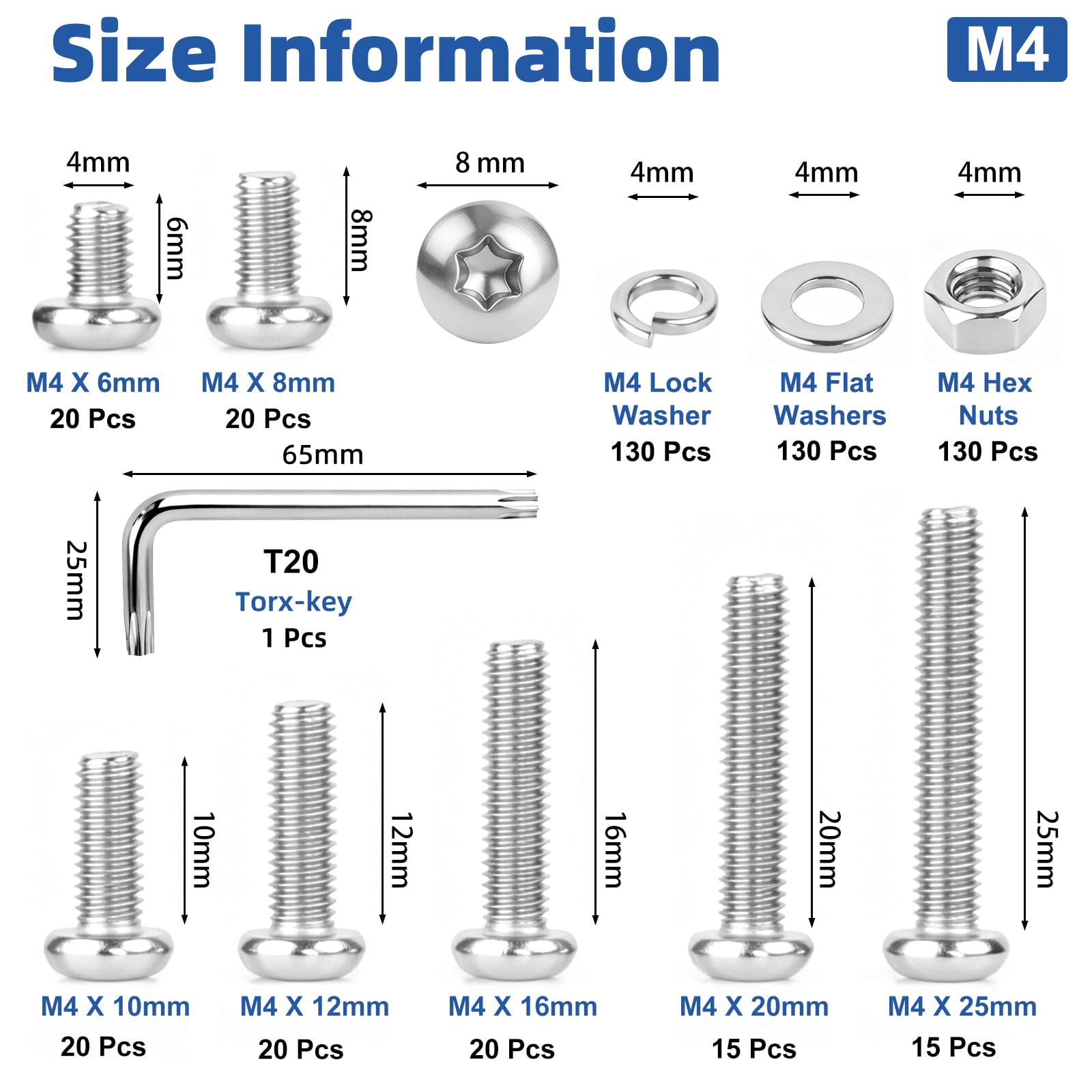 Set di viti Torx M4, 480 pezzi, in acciaio inox 304, viti a testa svasata, viti a testa tonda, viti a macchina, dadi e rondelle, assortimento di punte T20