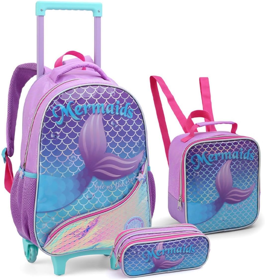 Kit Mochila Escolar com Rodas, Lancheira E Estojo Estampa Sereia, Lilás e Turquesa