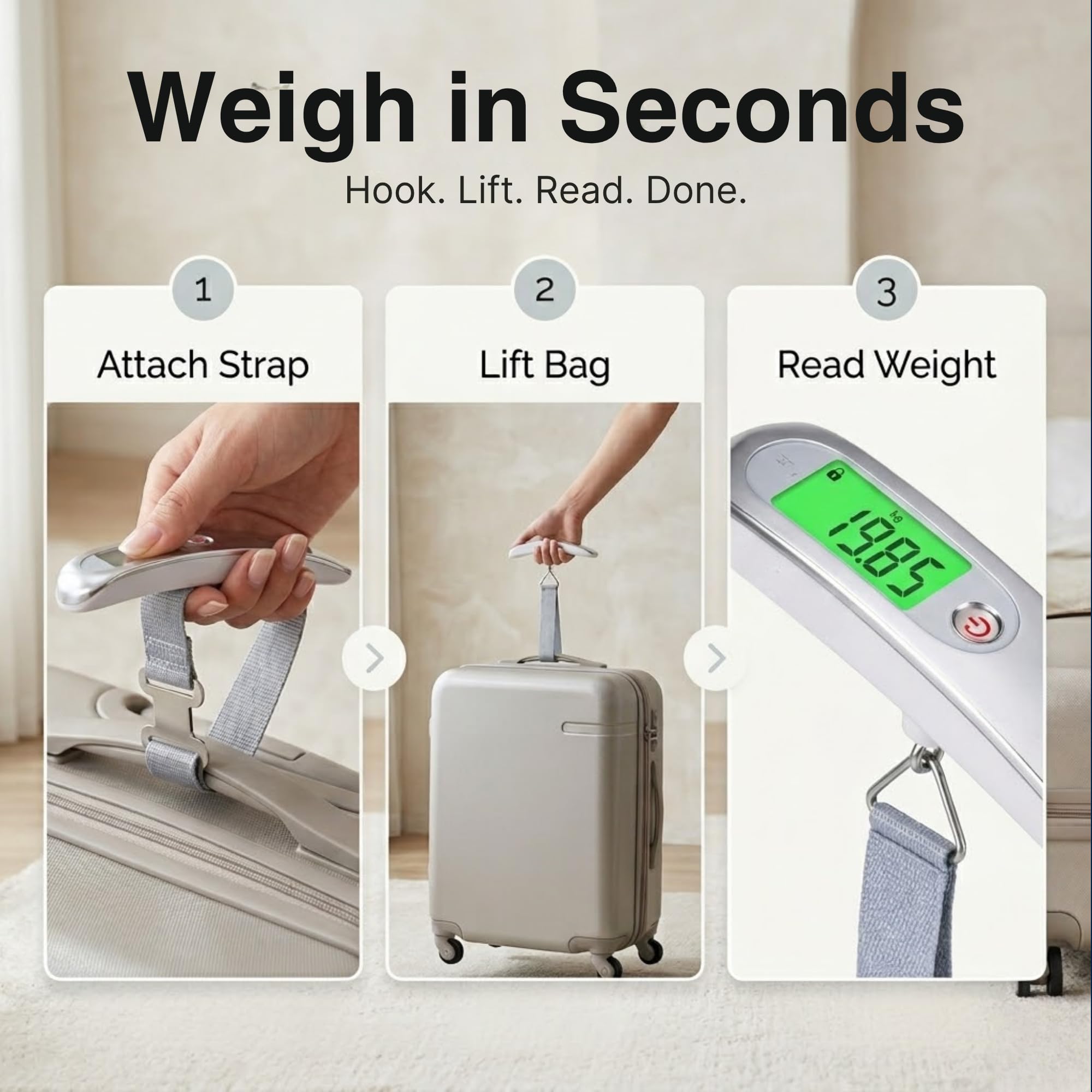 Bilancia digitale per bagagli, 50 kg, ad alta precisione, con LCD retroilluminato, autobloccante, 4 unità e cinghia resistente, bilancia portatile per valigie per la prevenzione delle tariffe dei