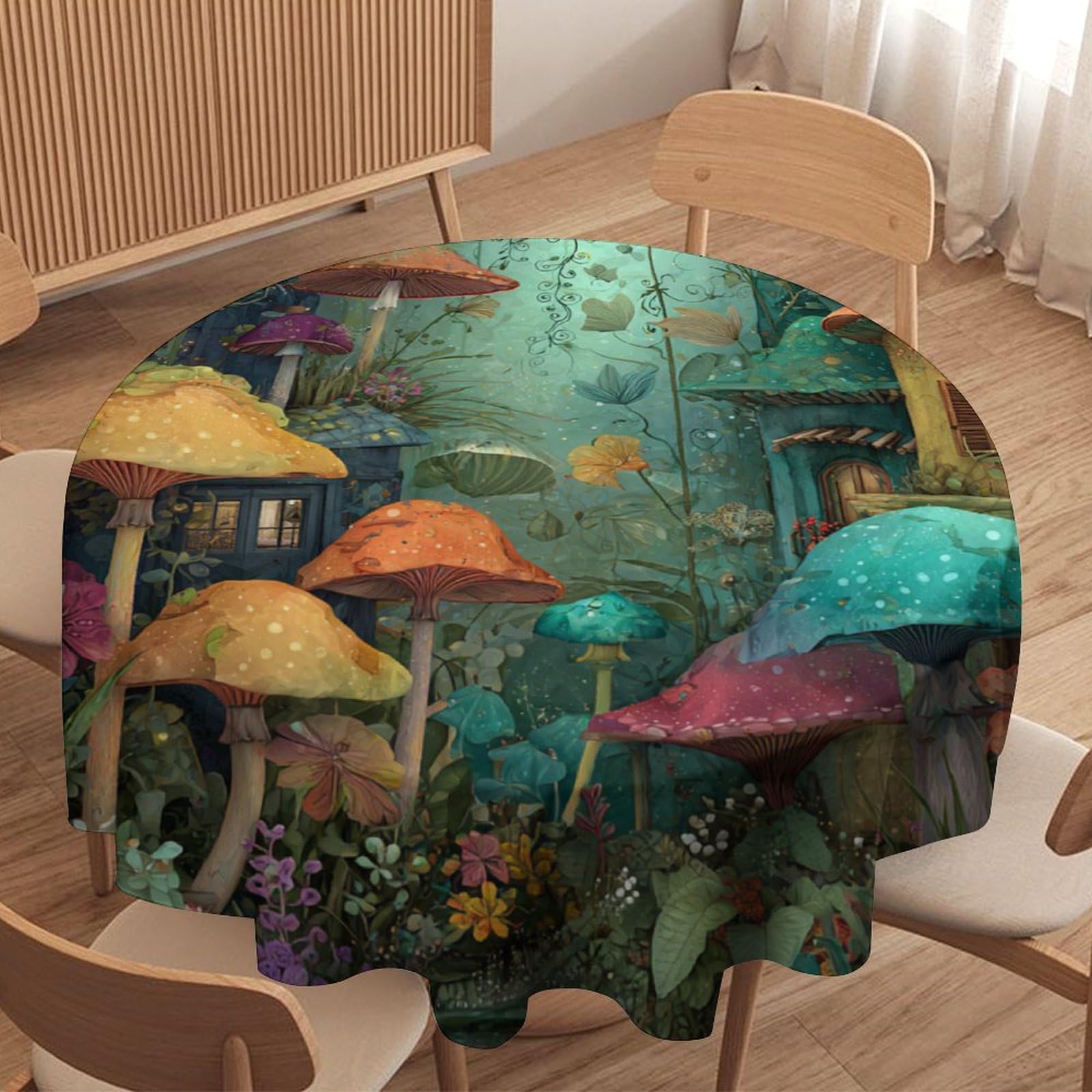 LUYYSKY Modern Realistic Enchanted Forest Round Tablecloth Retro Boho Art Botanical Plant Mushroom Print Washable Decor for Table Cover for Kitchen-177.8" Wx177.8 L cm