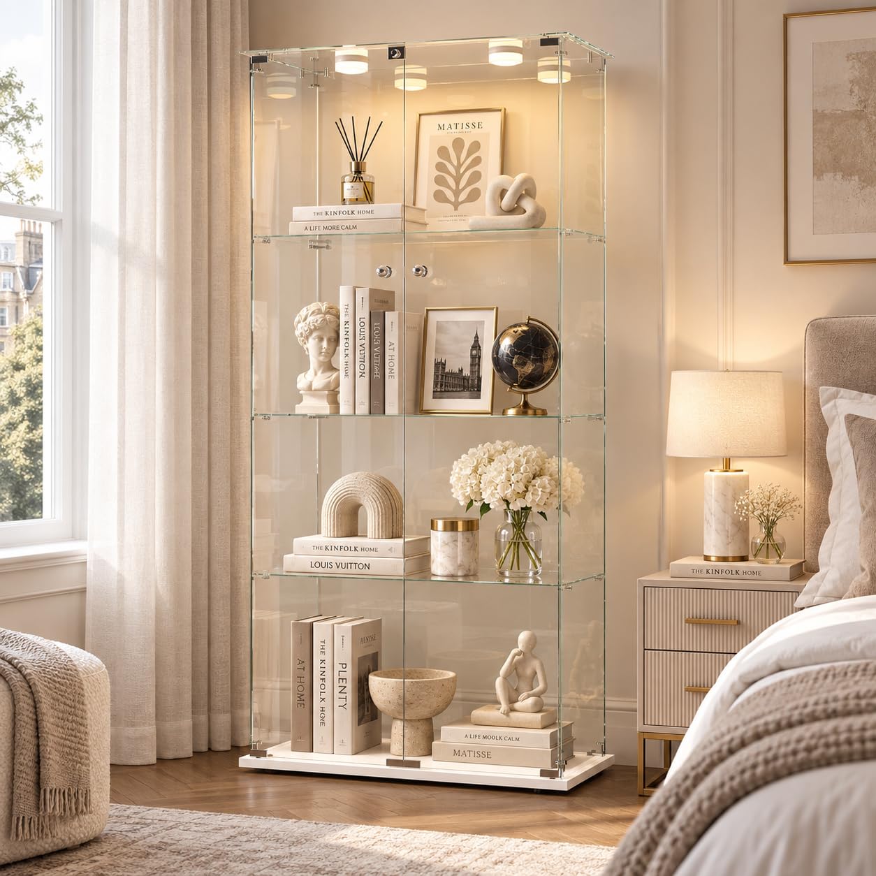 PerGar 4-Tier Glass Display Cabinet with Double Doors | Frameless Showcase with Smart LED Puck Lights | Clear Tempered Glass Trophy Bookcase for Living Room (White)