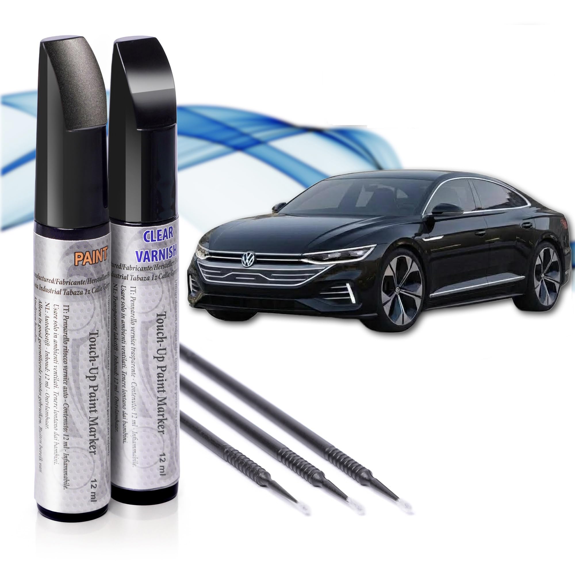 Reparador de Arañazos para Coche, Lápiz de Retoque para Automóvil, Bolígrafo Repara Arañazos, Rotulador de Reparación, 2 Piezas de Pintura de Retoque Volkswagen (LY9T Negro Mitos) con Base + Laca.