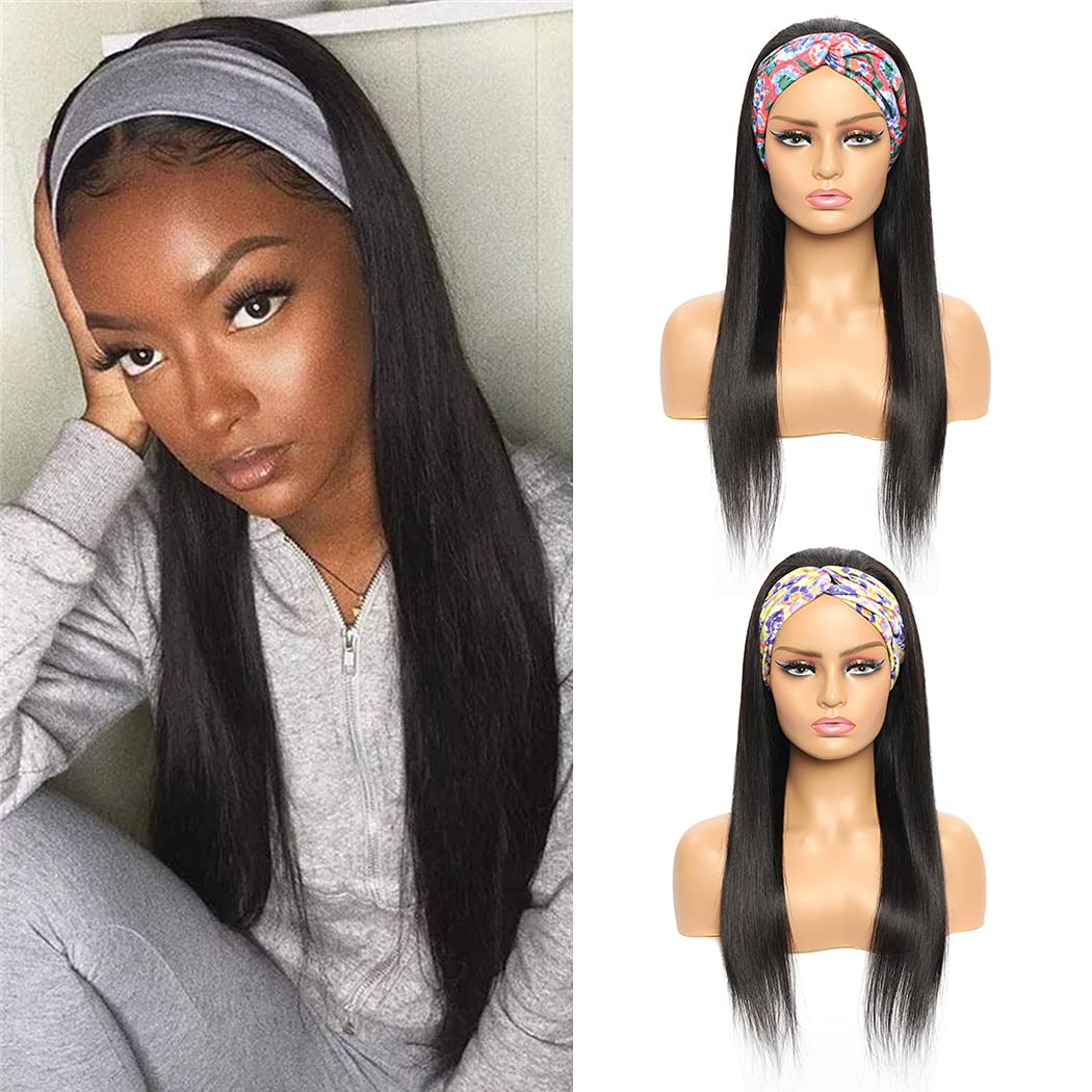 Brazilian Straight Human Hair Headband Wig for Black Women Machine Made Glueless None Lace Front Headband Wigs Natural Color 150% Density 12 Inch