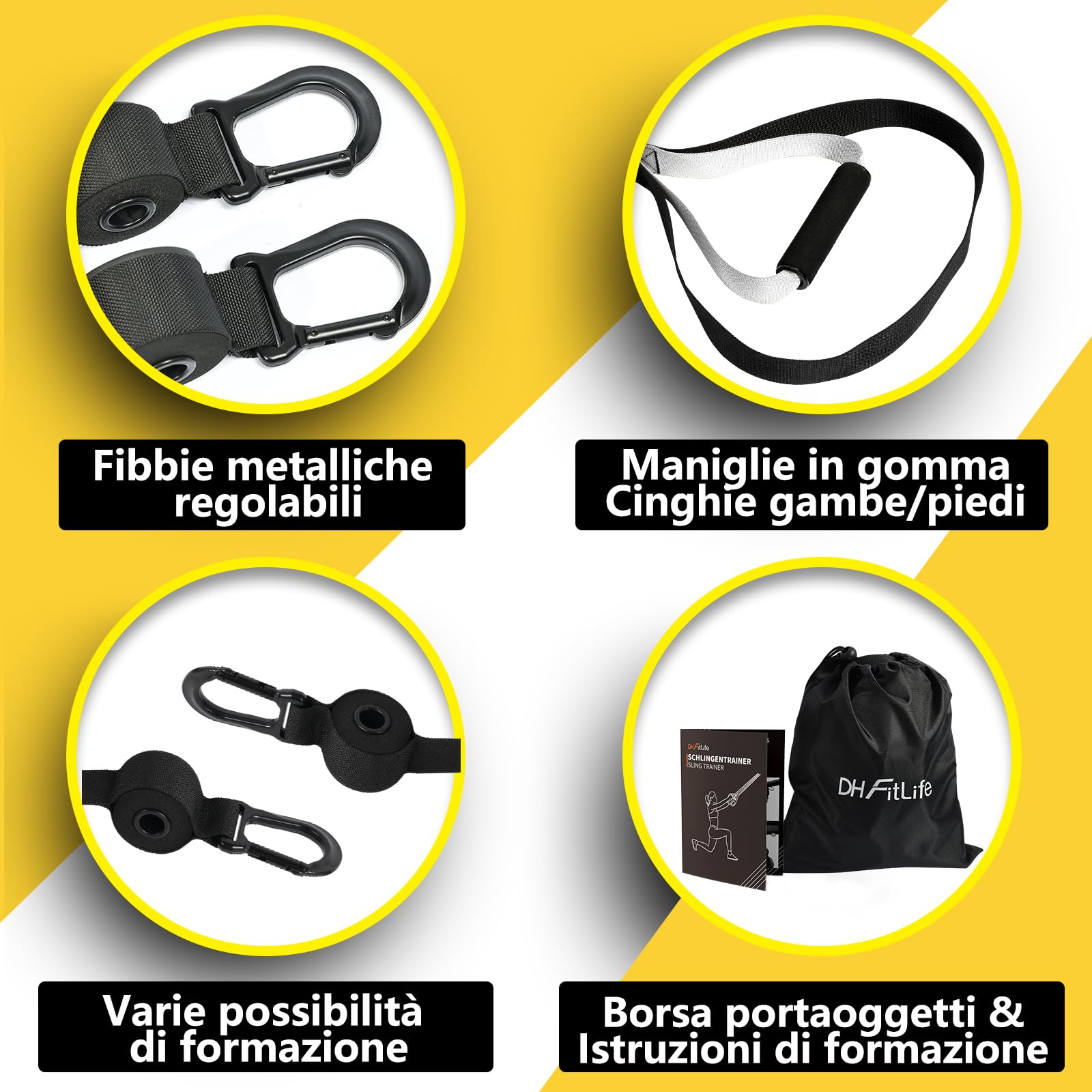 DH FitLife Sling Trainer per l'allenamento di Tutto il Corpo, Set di Suspension Trainer per l'allenamento della Forza, Resistenza del Peso Corporeo per la Casa e in Viaggio, con Libro di Allenamento