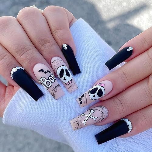 Miniatura 7 de Uñas postizas a presión para Halloween, cuadradas, cortas, ataúd, estrellas, calabaza, bonitas, espeluznantes, murciélagos, pegamento en las uñas