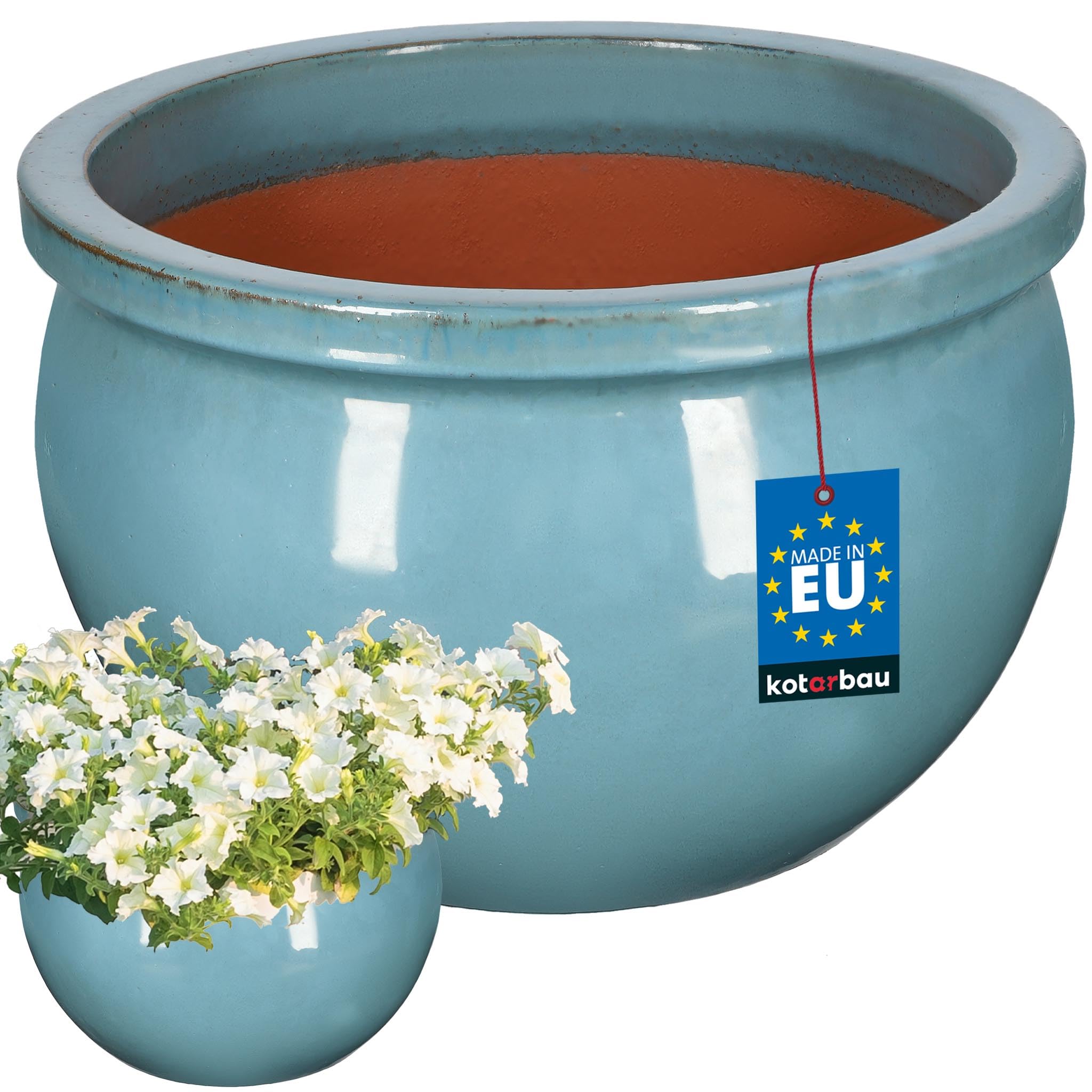 KOTARBAU® - Vaso da fiori in ceramica per giardino, rotondo, ⌀ 390 mm, turchese