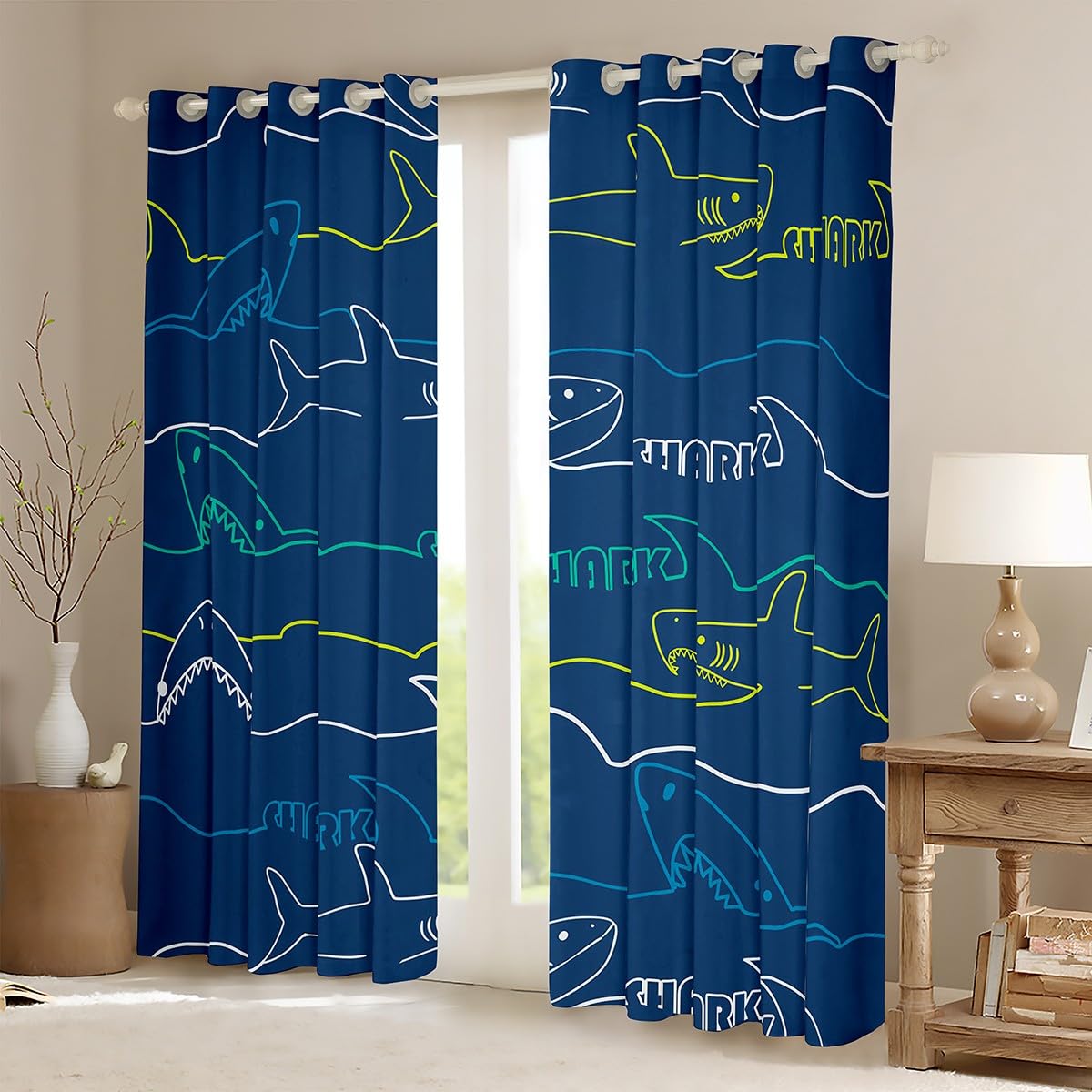 Castle Fairy Shark Printed Curtains,Sea Animals Window Curtains for Boys Girls Teens,Cartoon Shark Window Treatment Curtains Home Decor,Sharks Lines Darkening Drapes for Living Room Bedroom,38Wx54L