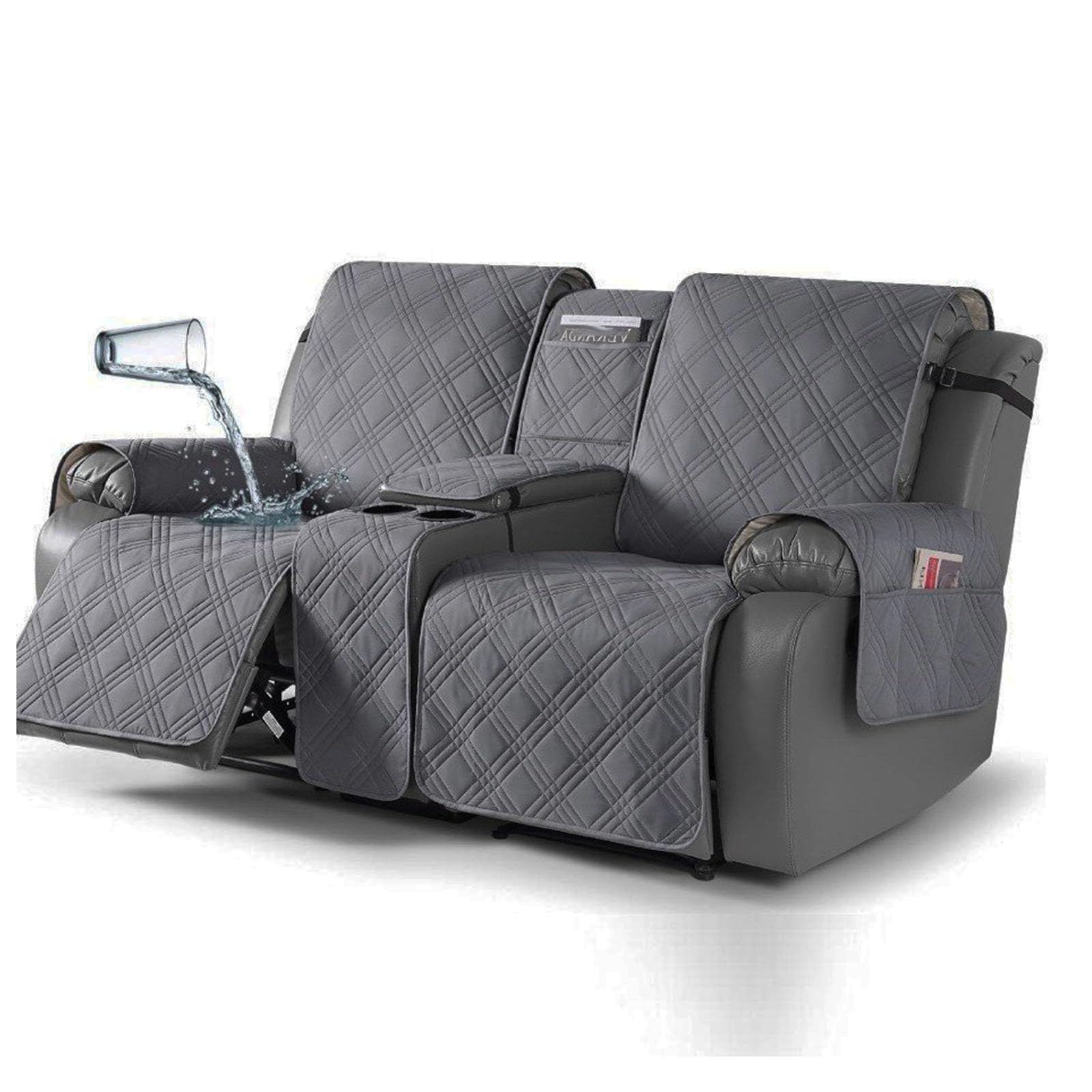 Waterproof Recliner 4-Piece Recliner Loveseat Cover with Center Console Couches Reclining Protector with Elastic Straps Pocket for Pets 2 Seater