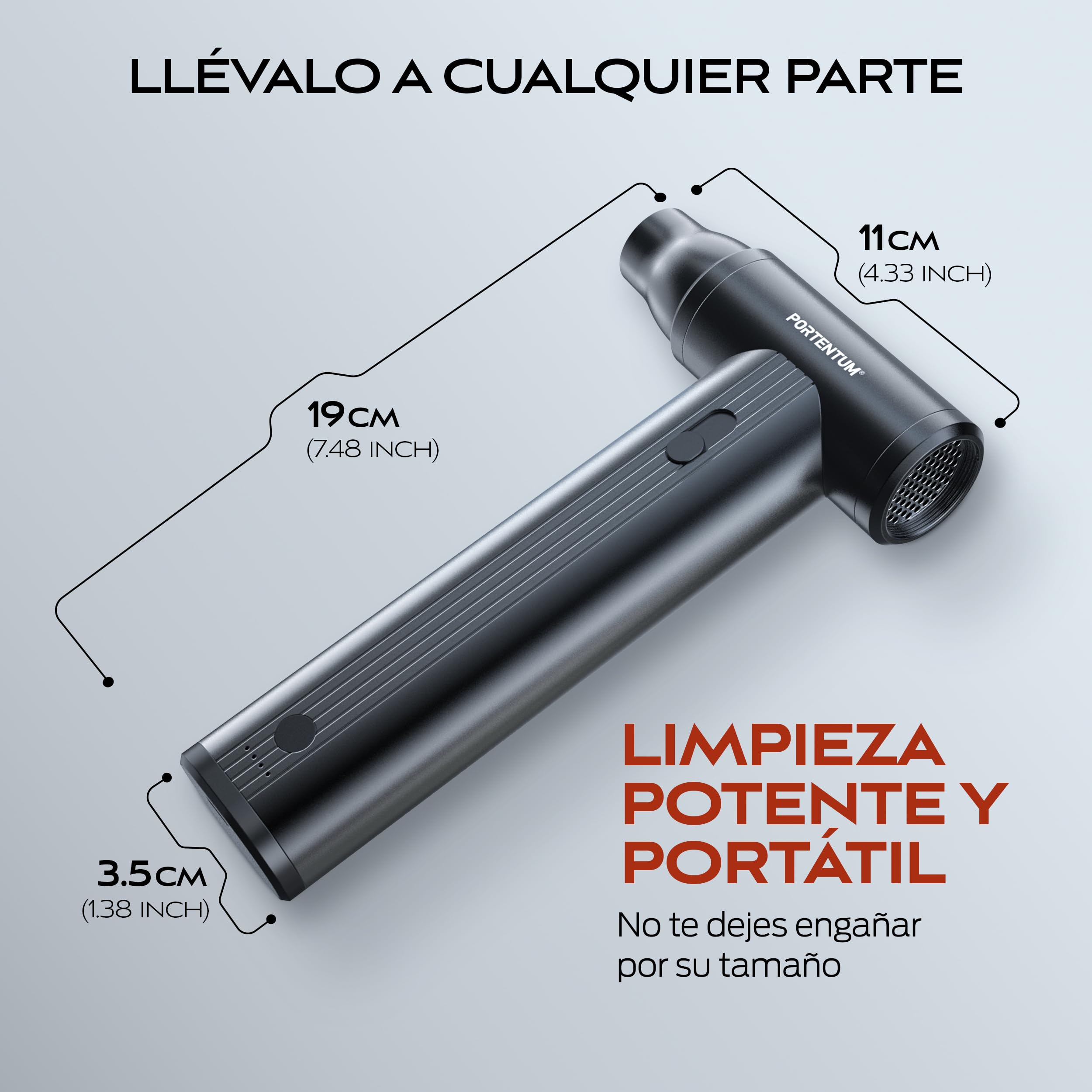 PORTENTUM 2 en 1 Mini Aspirador de Mano Potente 25 kPa – 10.000 mAh hasta 135 min USB-C – Soplador de Aire 180 km/h con Motor brushless – Aspirador Coche regulación Continua de Velocidad – Set de 11