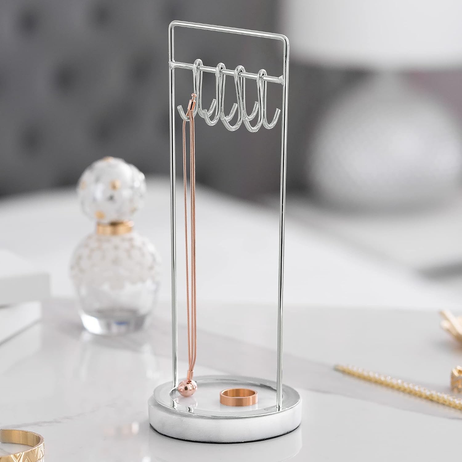 Sasha Morel Hanging Jewellery Organiser Stand with Marble Tray, Silver - Image 5