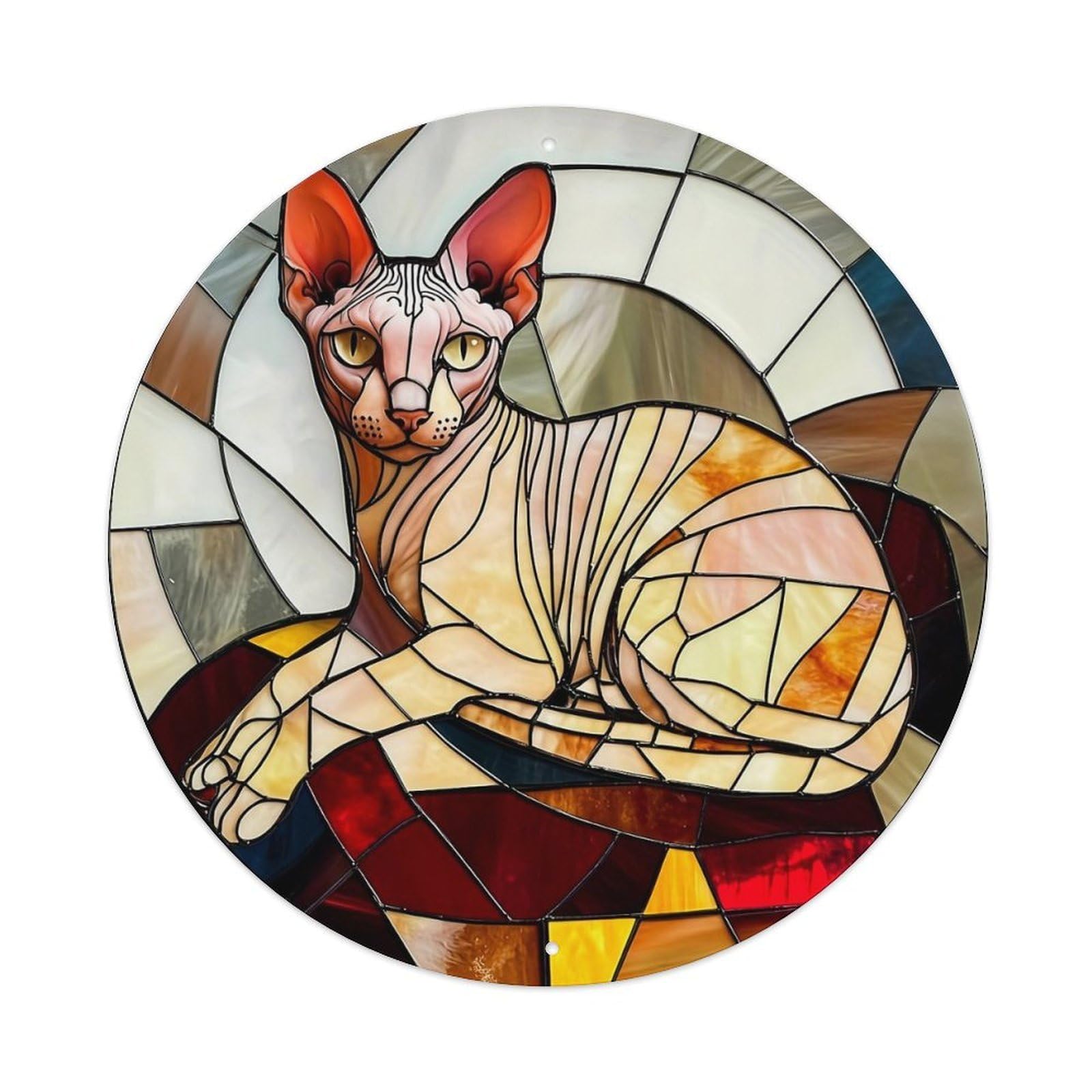 Stained Glass Cat Art Design Round Tin Sign Vintage Metal Sign Home Bar Garden Indoor & Outdoor Wall Decor Retro Metal Poster 8x8 Inch