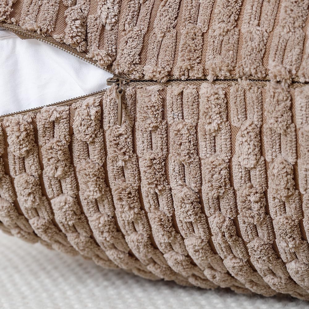 MADIZZ Pack of 2 Corduroy Decorative Euro Sham Pillow Covers 24x24 Inch Brown Soft Boho Striped Couch Throw Pillows for Bed Pillowcases for Sofa Livingroom Home Decor