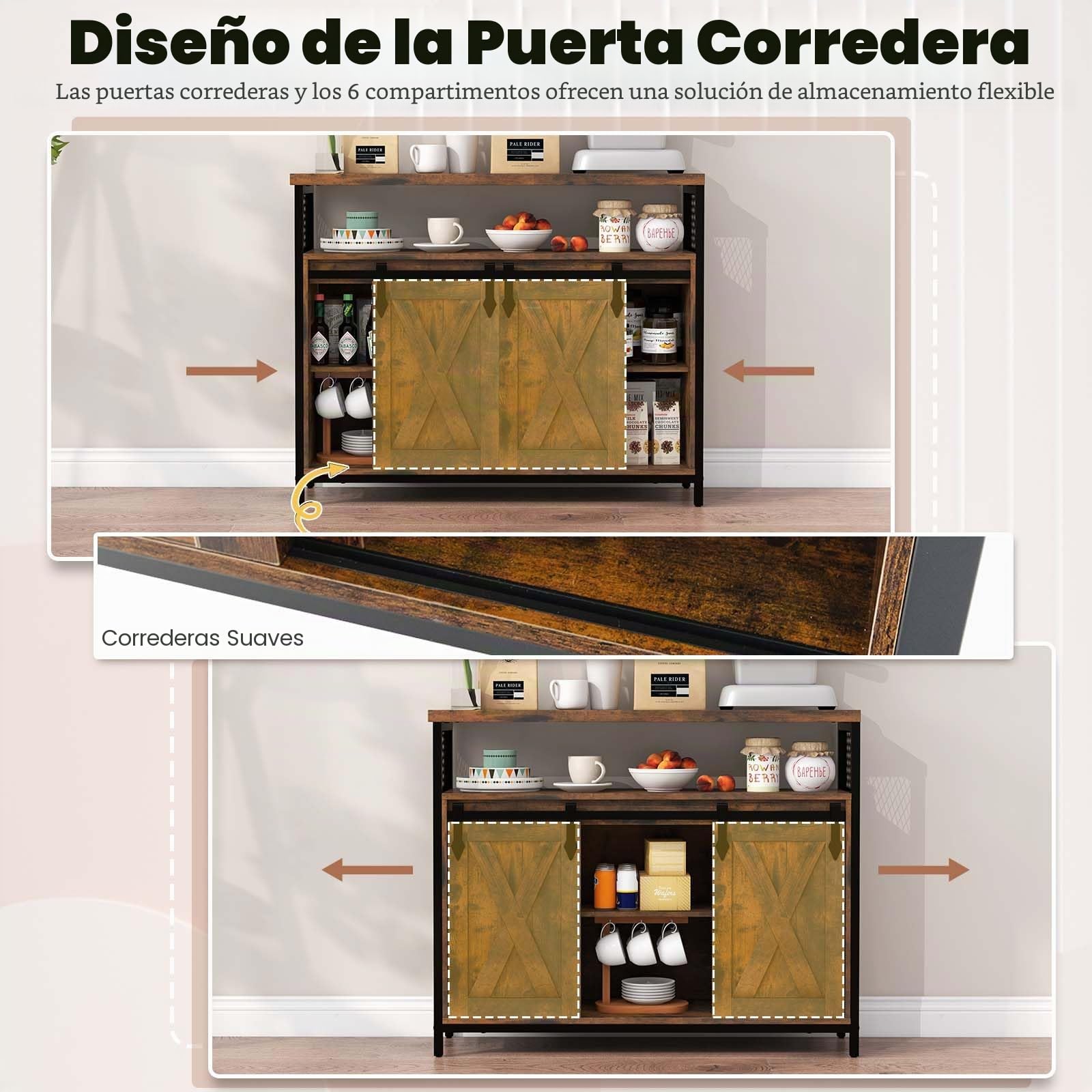 GOPLUS - Mueble de almacenamiento de cocina con 2 puertas correderas, aparador de cocina estilo industrial con 6 compartimentos abiertos y patas ajustables para sala de estar, cocina, 100 x 33 x 88 cm