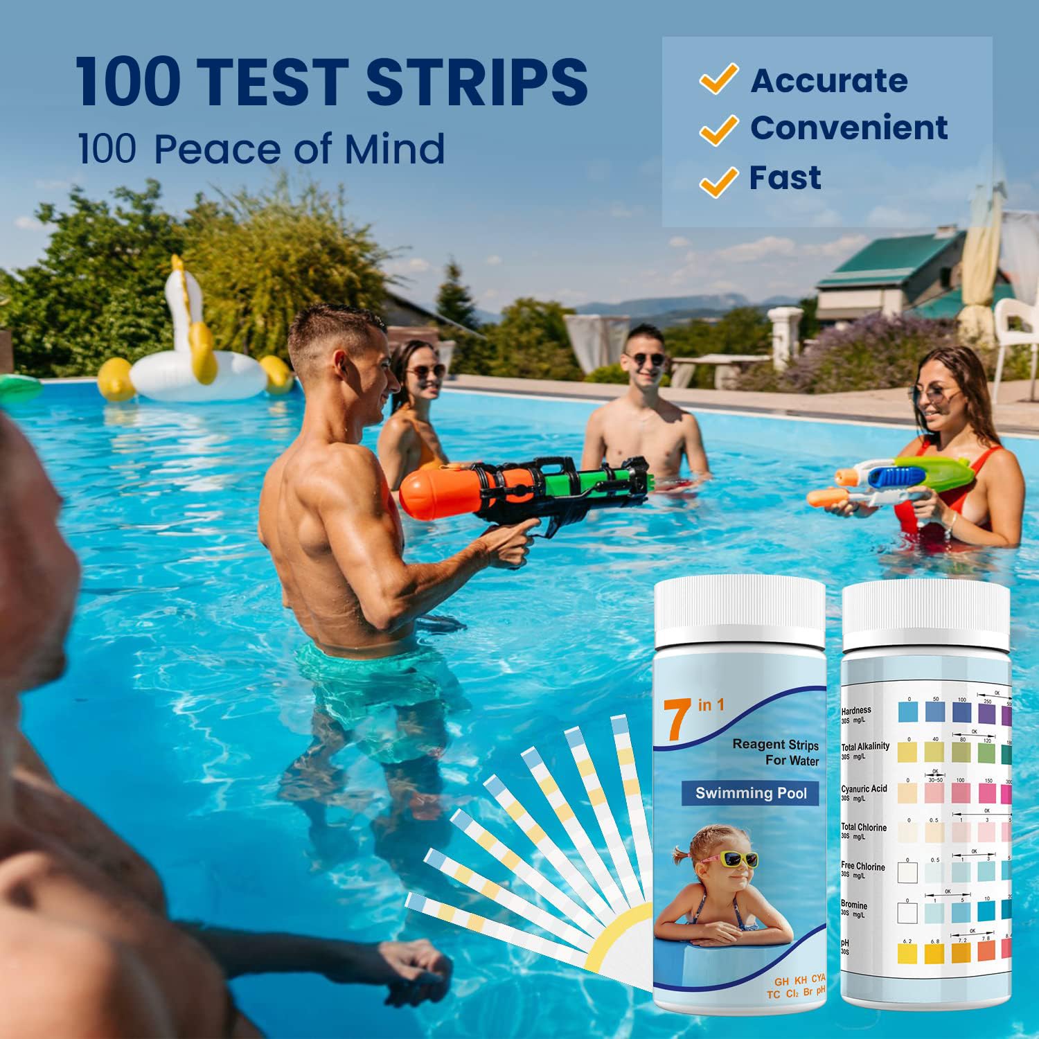 Ueomul 7 in 1 strisce reattive per piscine professionali, 100 strisce per test per piscine e spa