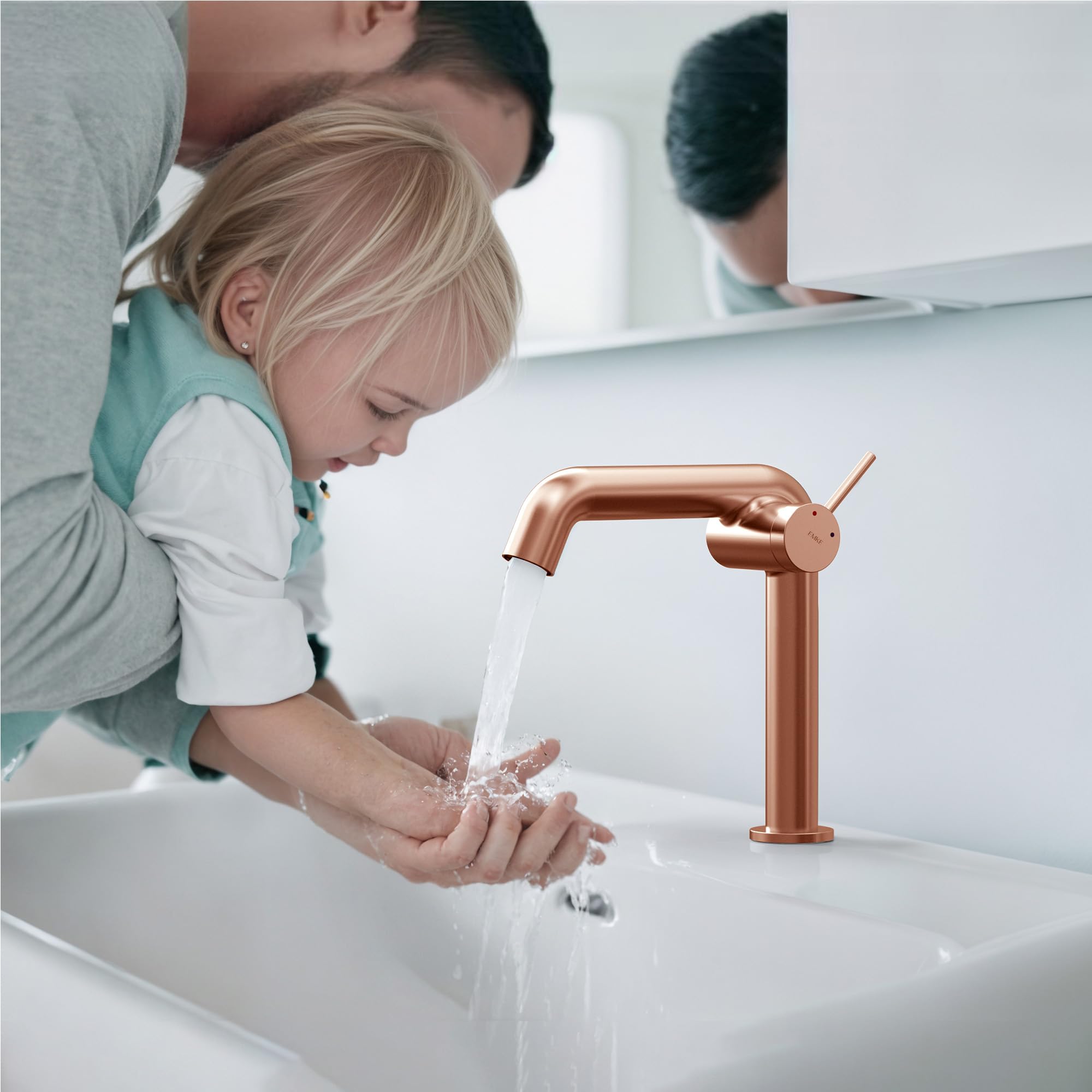 EMKE Rubinetto bagno oro rosa, 222 x 200 x 76 mm, in ottone, cartuccia in ceramica, rubinetto per bagno, rubinetto con aeratore, rubinetto per lavabo, rubinetto per lavabo, facile installazione