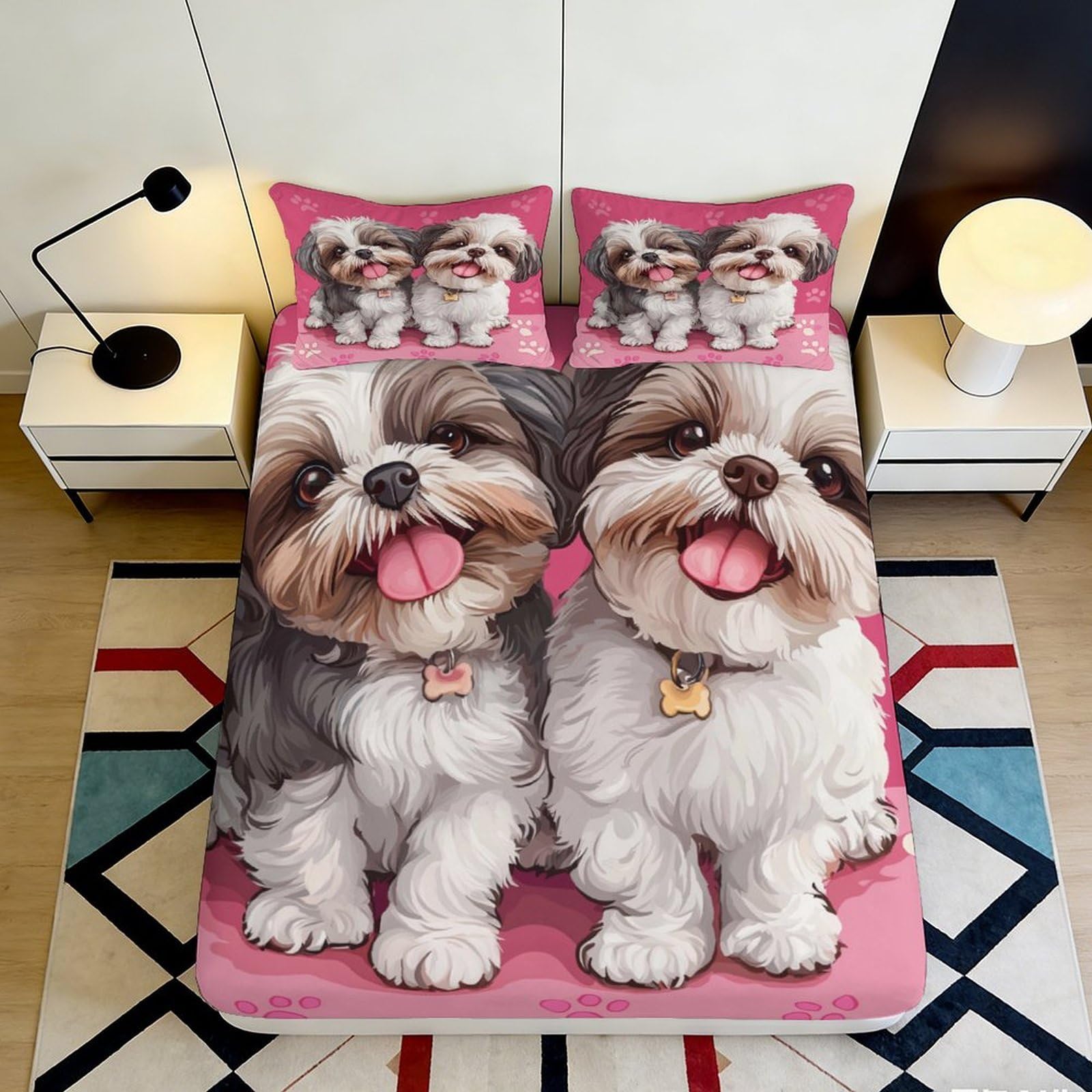 3D Printed Cute Shih Tzu Dog Fitted Sheet Microfiber Pink Cartoon Puppy Bed Cover for Bedroom Guestroom Decor 90x200x25cm