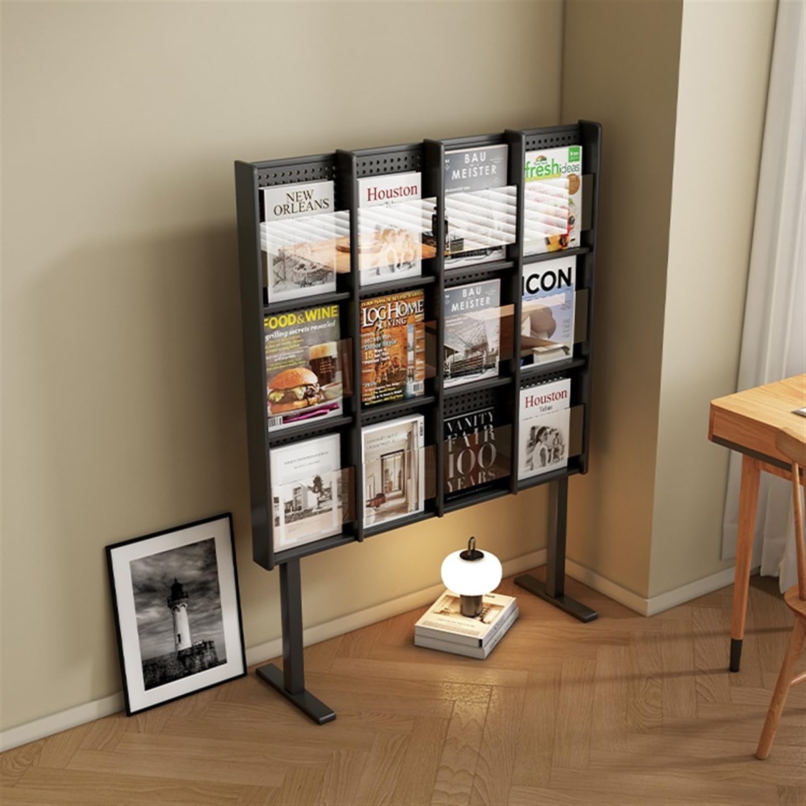Regał do przechowywania regał na książki od podłogi do sufitu, stojak na czasopisma, stojak do czytania, wielowarstwowy organizer na płyty CD (biały, 106 cm)