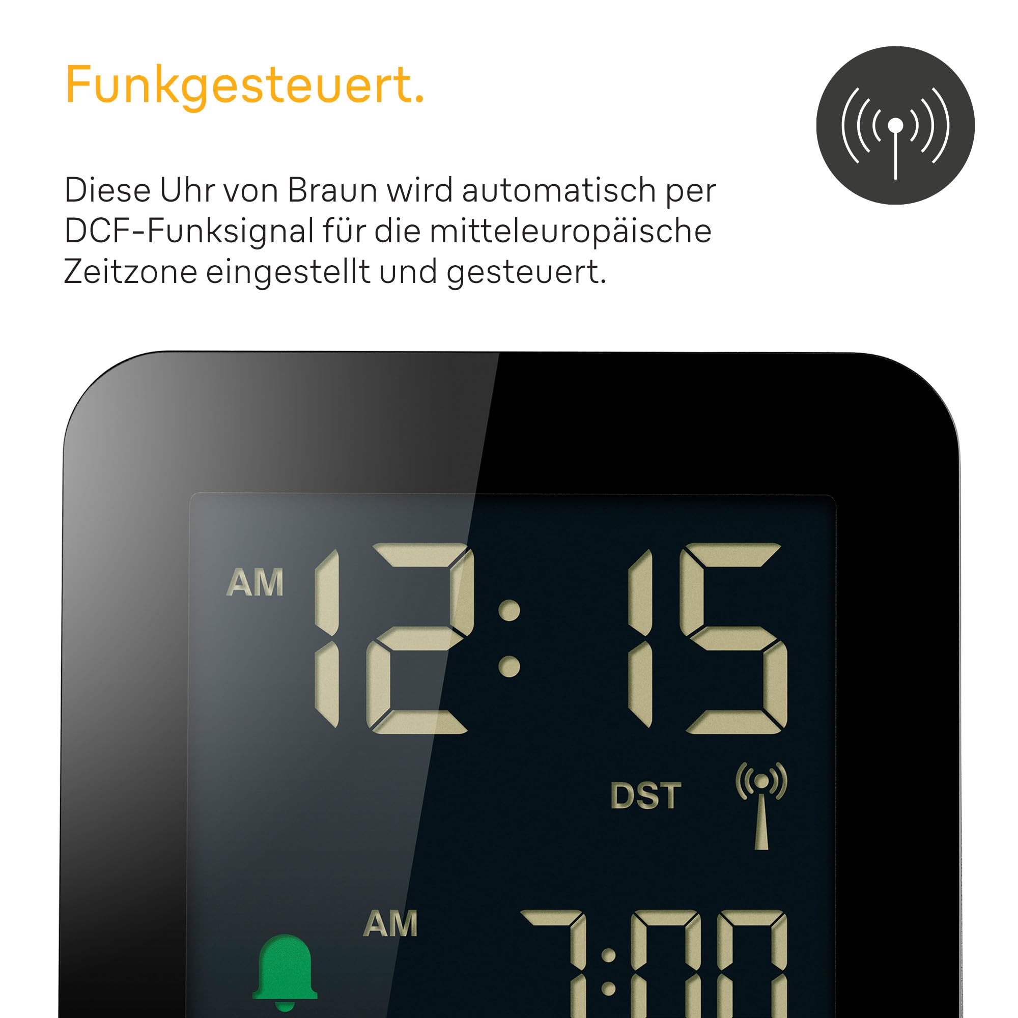 Braun Digitaler Funkwecker Mitteleuropäische Zeitzone (MEZ) mit Schlummerfunktion, Negatives LC-Display, Schnelleinstellfunktion, Crescendo-Alarm in Schwarz, Modell BC09B-DCF.