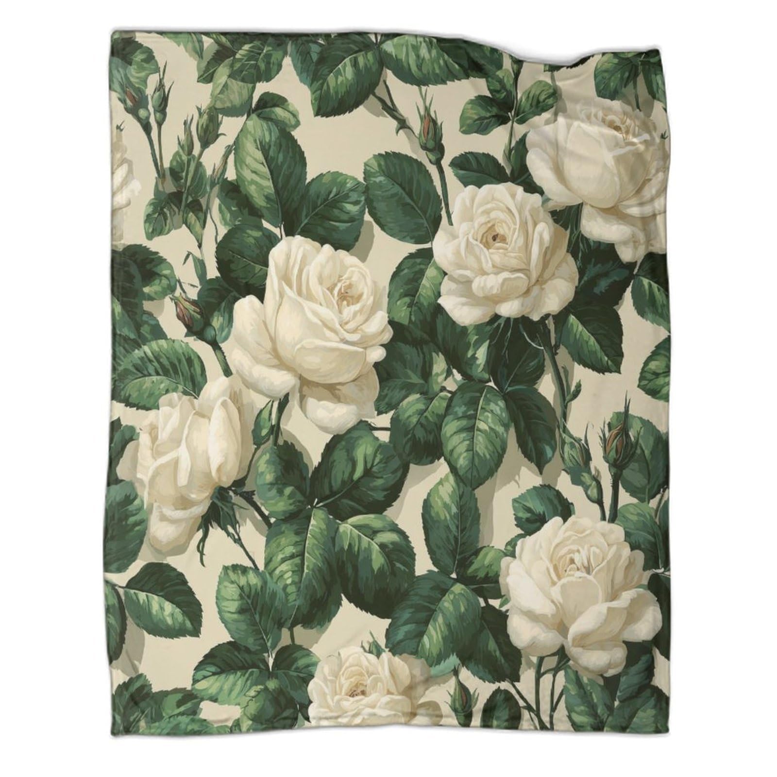 kaiyun White Roses And Green Leaves Outdoor Camping Printed Soft Breathable Warm Blanket Four Seasons Bedroom Bedspread 60x80inch(150x200cm)