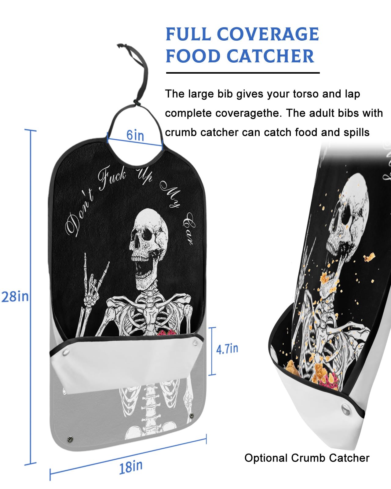 Love Heart Roses Skeleton Adult Bibs for Eating, Waterproof Bibs with Food Catcher & Adjustable Snap Closure, Black White Abstract Art Aesthetics Clothing Protectors Adult Bibs for Elderly Women/Men