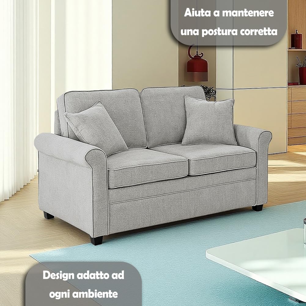 Shally Dogan Divano Letto 2 Posti con Rivestimento in Tessuto Grigio e Cuscino Memory Ergonomico Apertura Facile, Divanetto Apribile con Cuscini Imbottitura Alta Densità, 142.5 x 77 x 86 cm (Grigio)