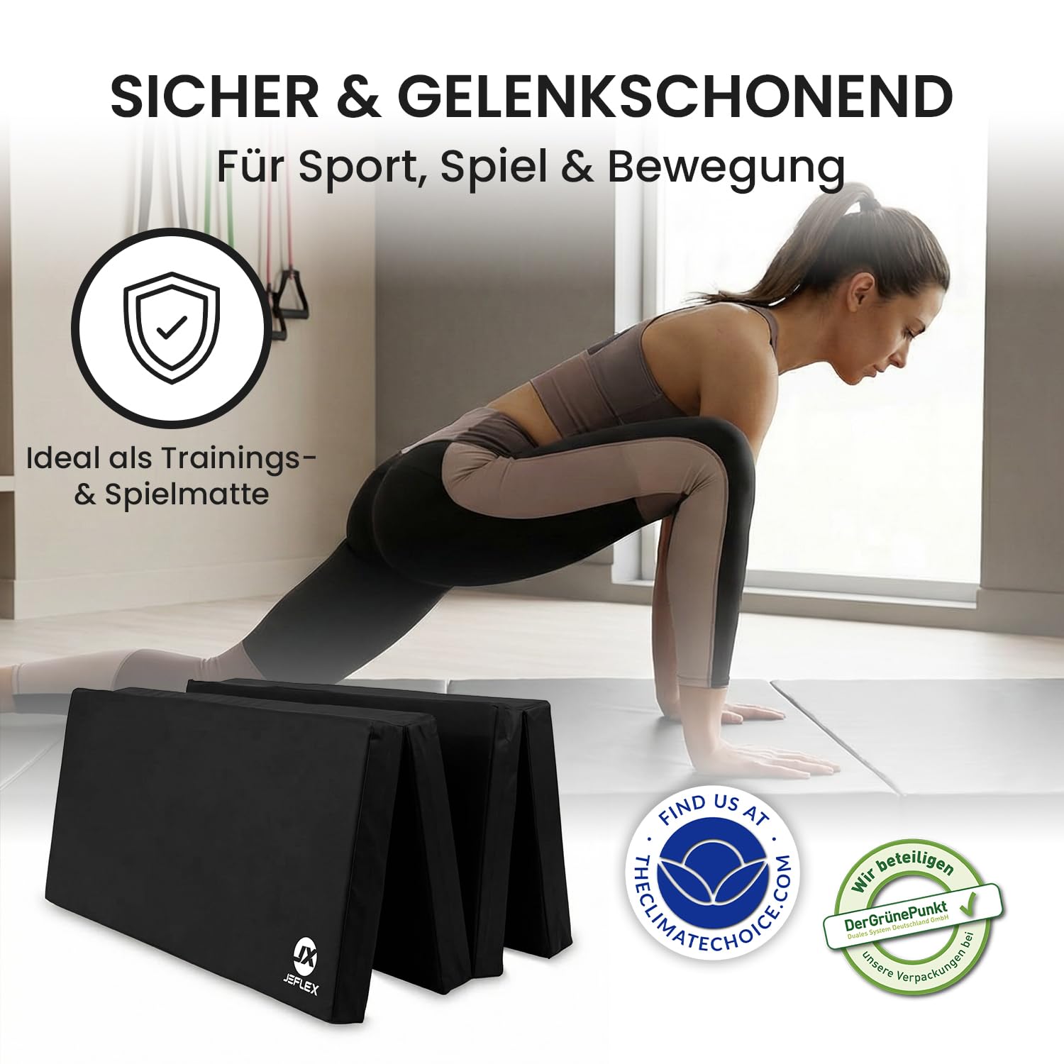 Jeflex - klappbare Weichbodenmatte & Turnmatte 200 x 100 x 8 cm MADE IN GERMANY/Gymnastikmatte tragbar/platzsparende Fitnessmatte & Yogamatte/Spielmatte für Kinderzimmer