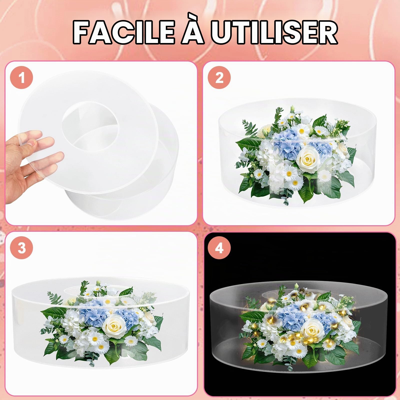 Présentoir à Gâteau 3 Etages en Acrylique Remplissable, Présentoir à Gâteau en Acrylique avec 2 Lumières LED, Plateau à Gâteaux Rond Transparent Remplissable pour Anniversaire, Mariage et Fête