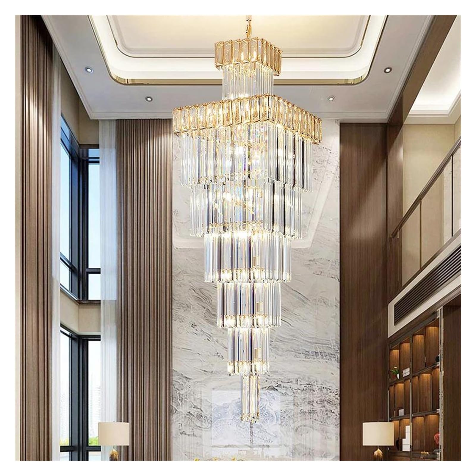 ASerZenith European Villa Living Room Crystal Chandelier Hotel Lobby Duplex Building Rotary Staircase Long,Hanging Light,Amber D50Cm