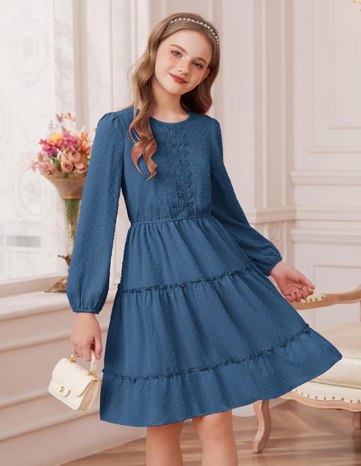 GRACE KARIN Girls Long Sleeve Fall Dress Casual Party Teen Swiss Dot Ruffle Tiered Lace Dresses for 7-14 Years - Image 3