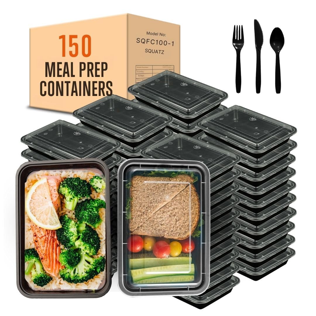 SQUATZ Contenedor de alimentos para microondas para 150 unidades, caja rectangular negra de 33 onzas con tapas, utensilios reutilizables, cuchara, tenedor y cuchillos, sin fugas, apto para congelador