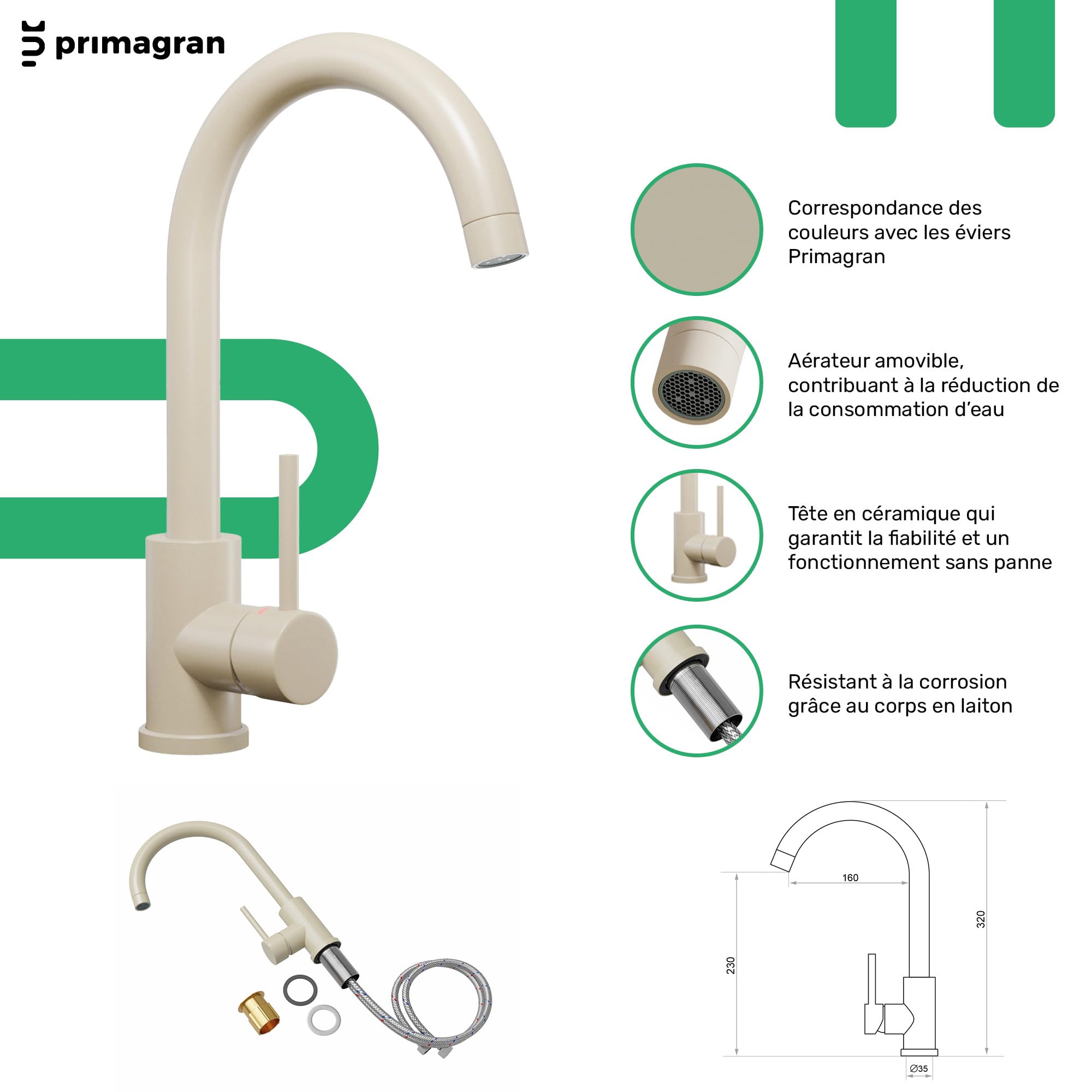PRIMAGRAN Evier Cuisine en Granit Tout Beige 70x44cm, Lavabo 1 bac + Robinet 32x20cm + Kit de Vidage, Évier à Encastrer au Meuble 45cm - Copenhague Easy S052