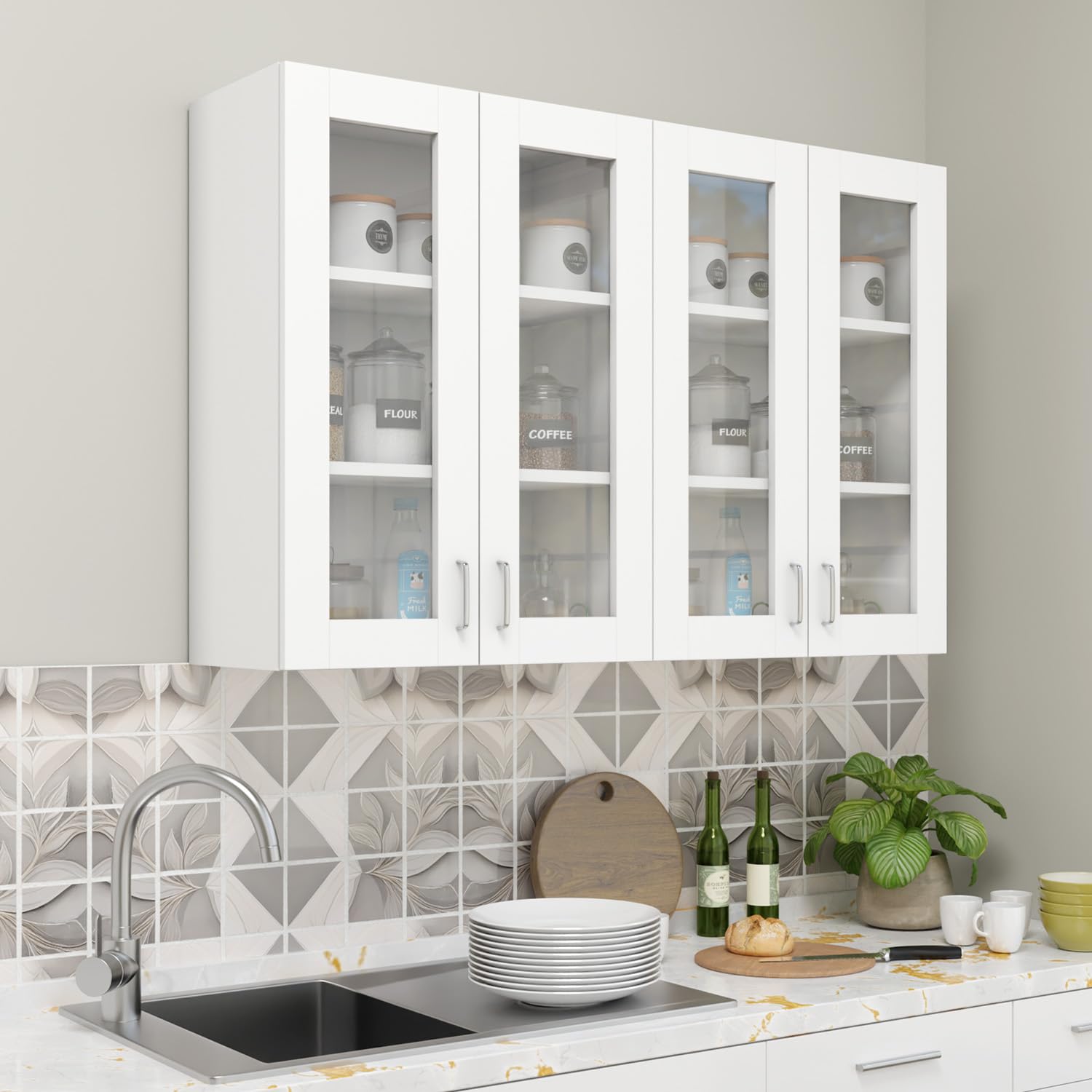 VIKI Furniture | Modular Kitchen Wall Cabinet – 4 Glass Door Cabinet | Space Saving Rack for Spices | DIY Home Storage Cupboard (Frosty White – 30D x 120W x 80H cm) | 1 Year Warranty-image-19