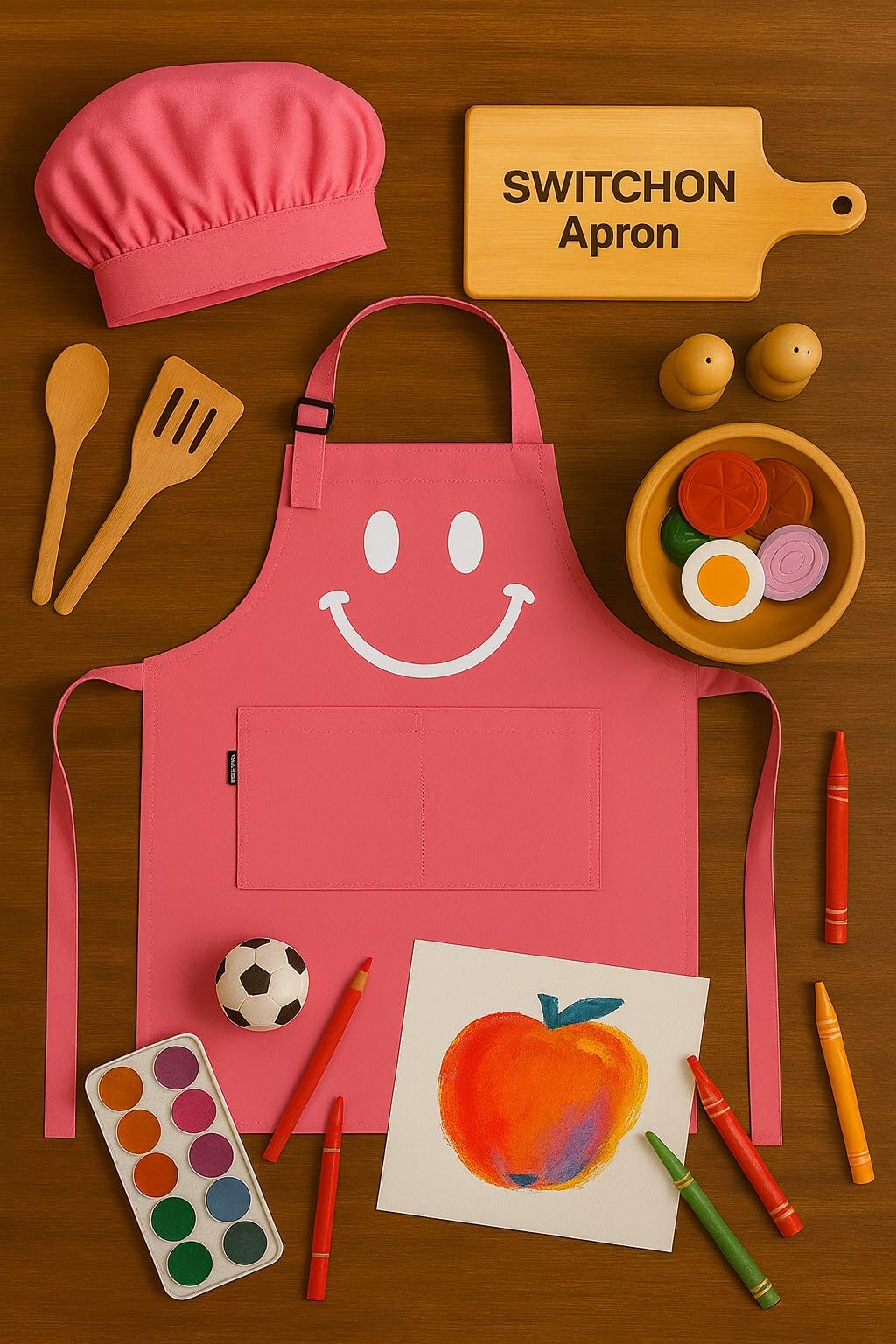 Switchon - Delantal de cocina impermeable para niños con 2 bolsillos y gorra de chef, estilo babero ajustable, poliéster, uso en la escuela y el hogar para niños, fabricado en