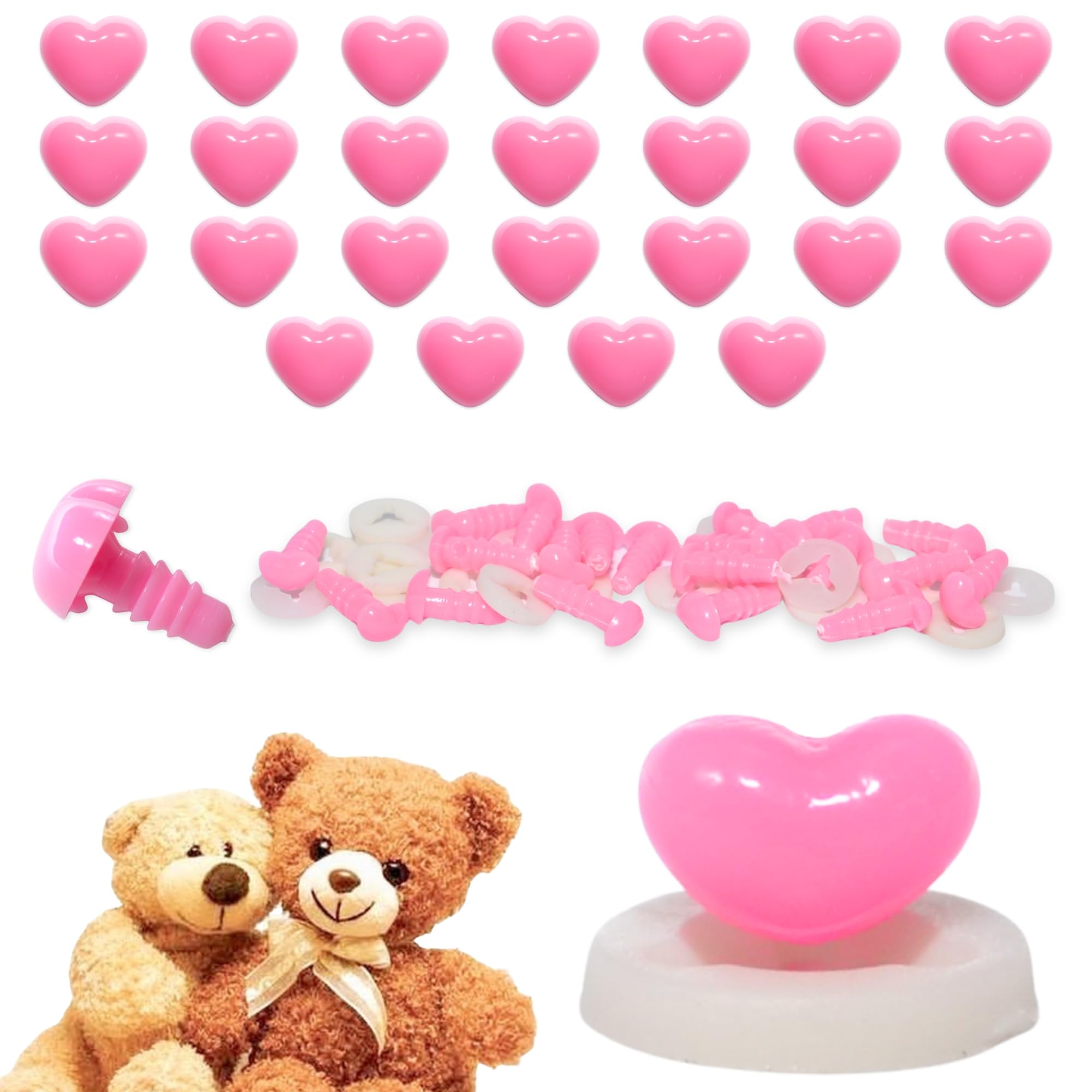 celloexpress 7mm x 5mm Flamingo Pink Heart Noses with Plastic Backs - Safety Noses for Soft Toy Teddy Bear Animal Making (Pack of 25)