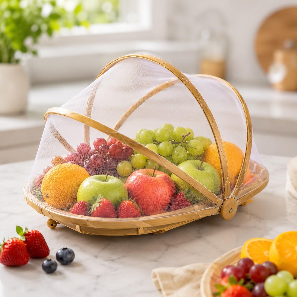 TASMAX Bamboo Fruit Basket for Dining Table with Lid & Net Cover | Bamboo Storage Basket for Kitchen, Fruits, Onion & Garlic | Durable Bamboo Basket Organizer for Kitchen Storage & Dining Use-image-34