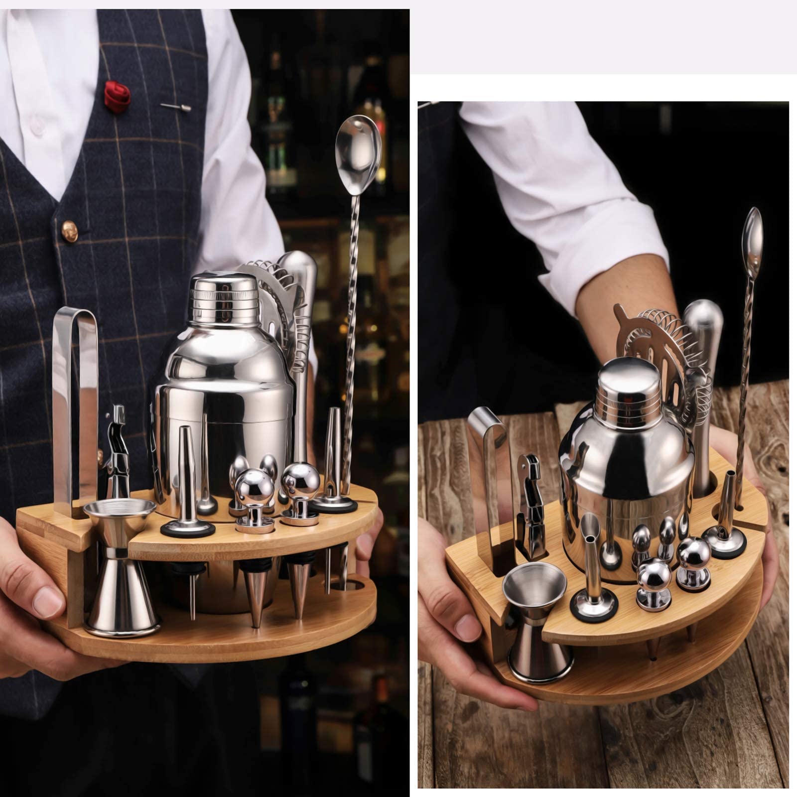 Coctelera Juego de coctelera Juego de coctelera con soporte, Juego de barra para mezclar bebidas - Coctelera de Martini, Jigger, Colador, Cuchara mezcladora de barra, Pinzas, Abrebotellas, El mej