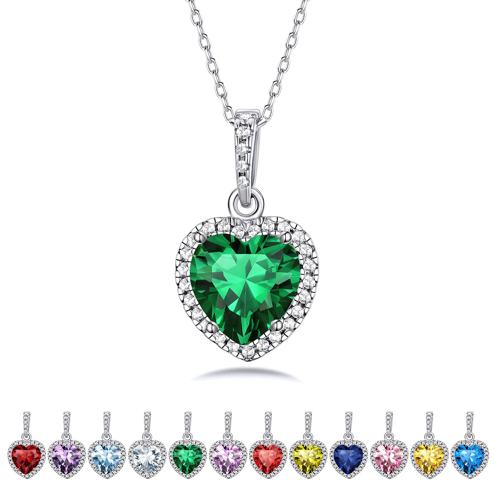 Bestyle Sparkling 925 Sterling Silver Birthstone Necklaces for Women, Created Heart/Round/Teardrop/Square Crystal Solitaire Pendant Diamond Necklace, Great Birthday/Anniversary/Wedding Gifts